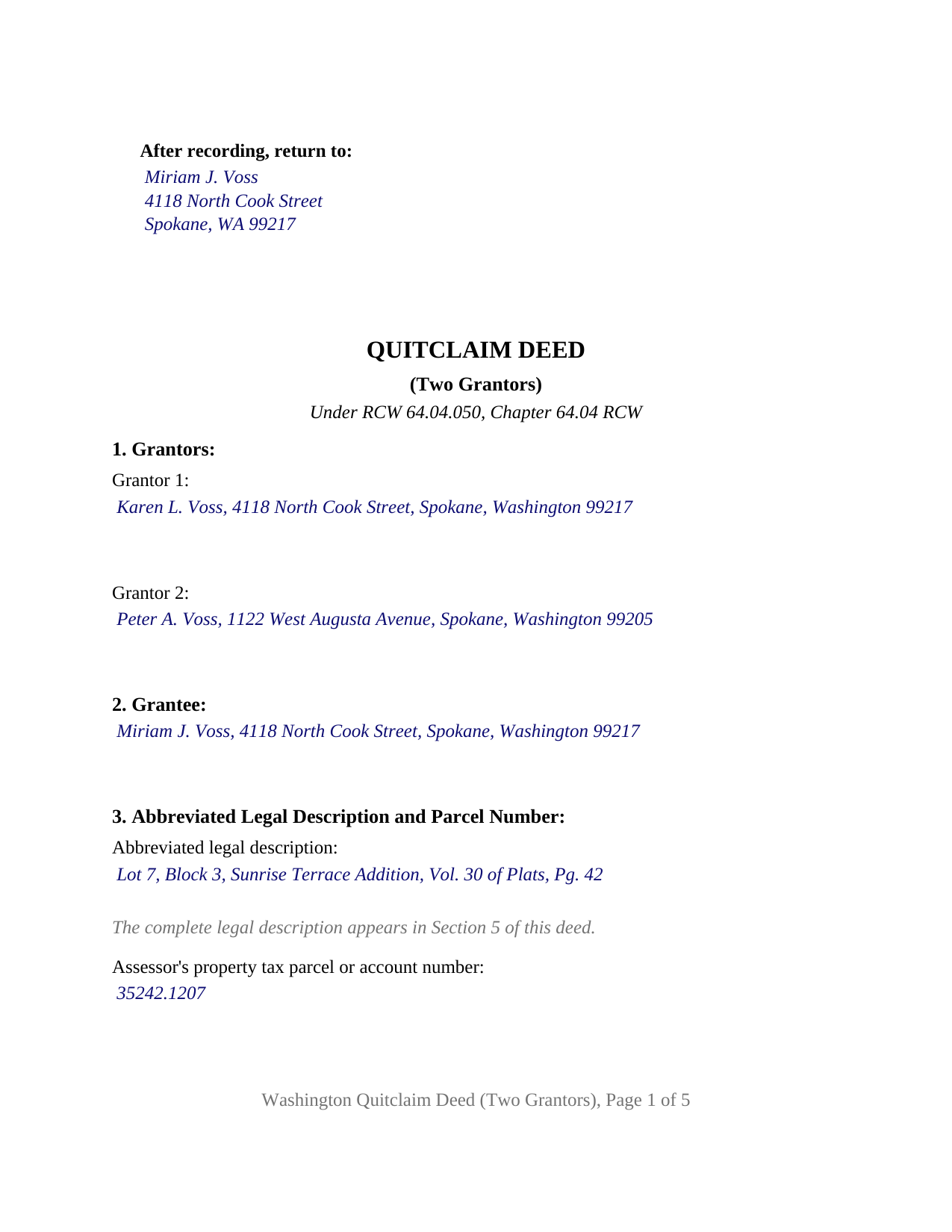 Franklin County Completed Example of the Quitclaim Deed (Two Grantors) Document