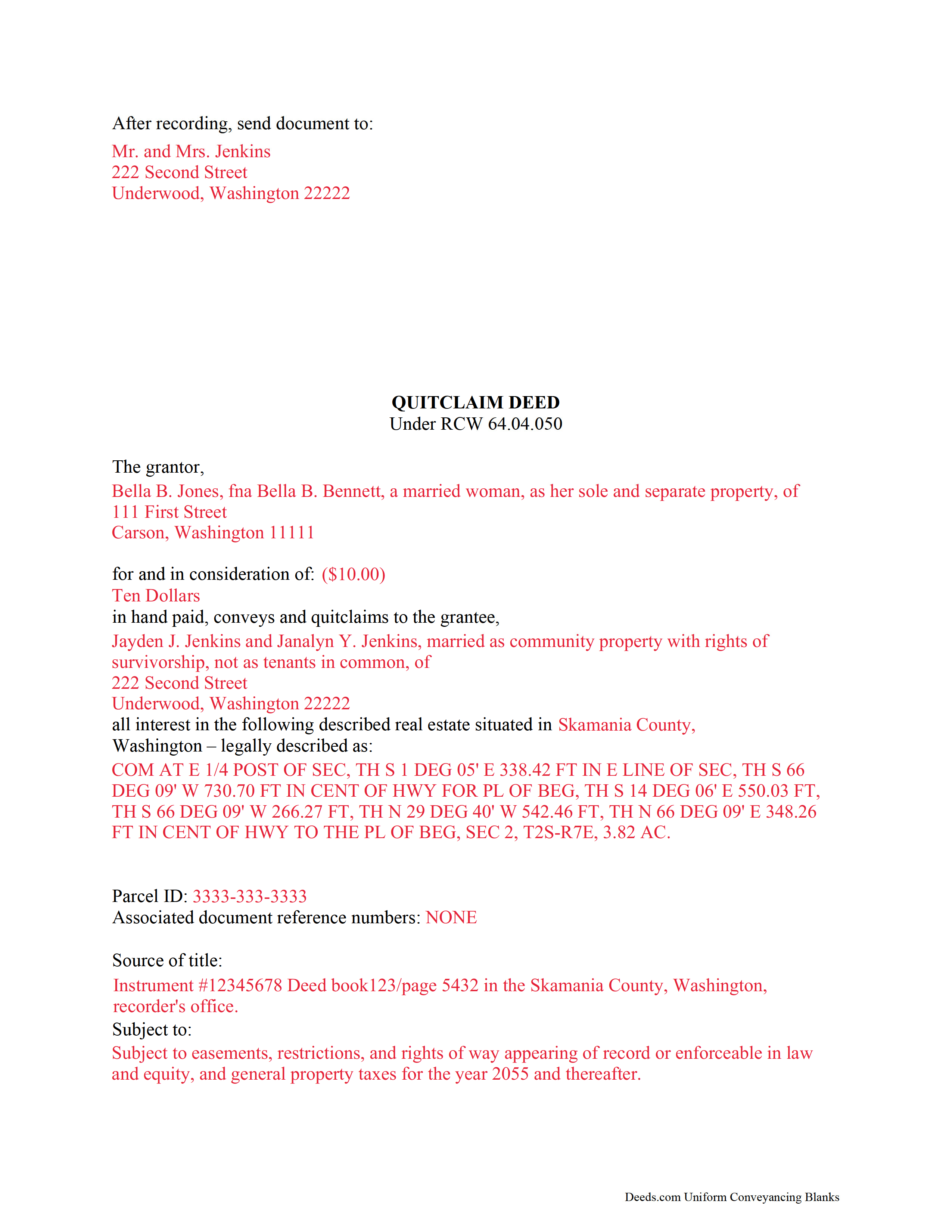 Completed Example of the Quitclaim Deed Document