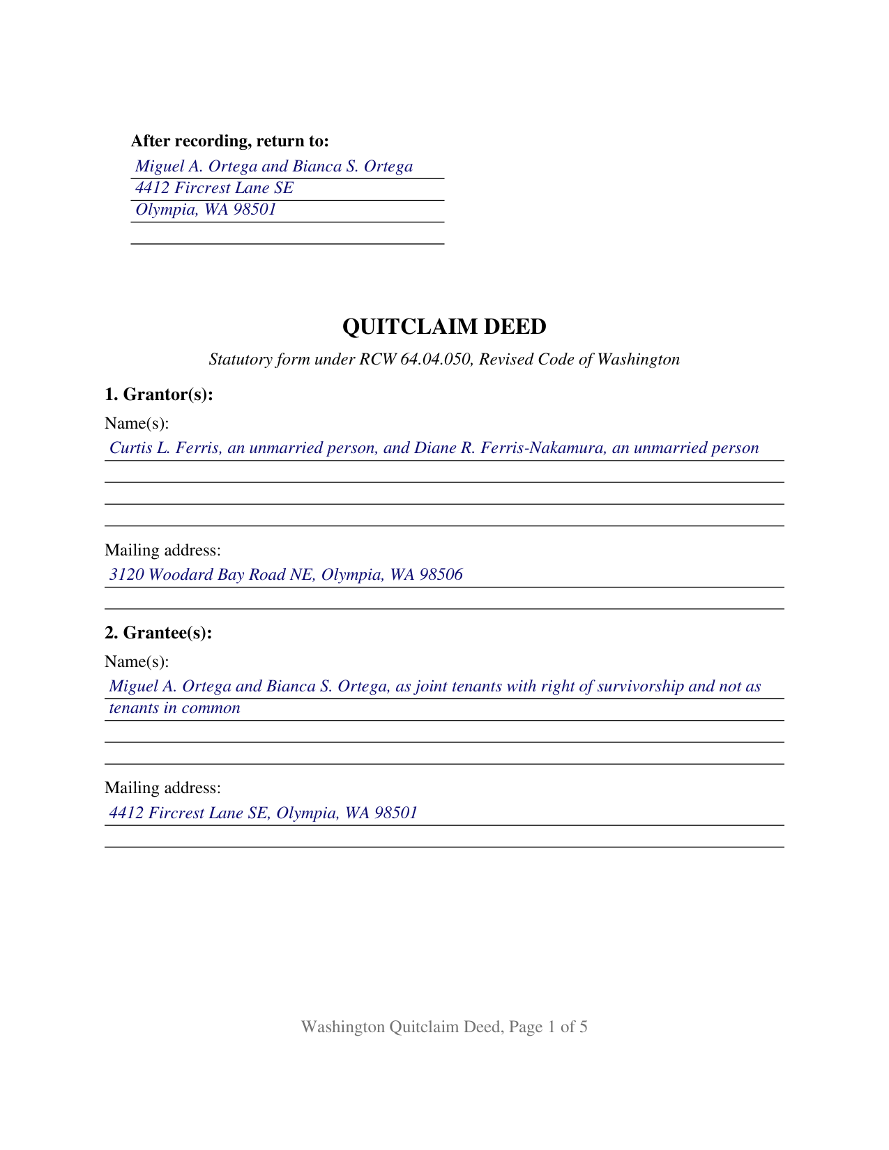 Grant County Completed Example of the Quitclaim Deed Document