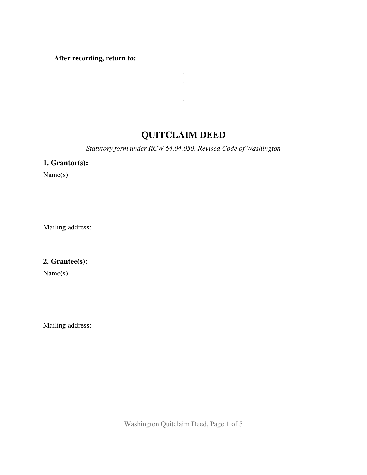Grant County Quitclaim Deed Form