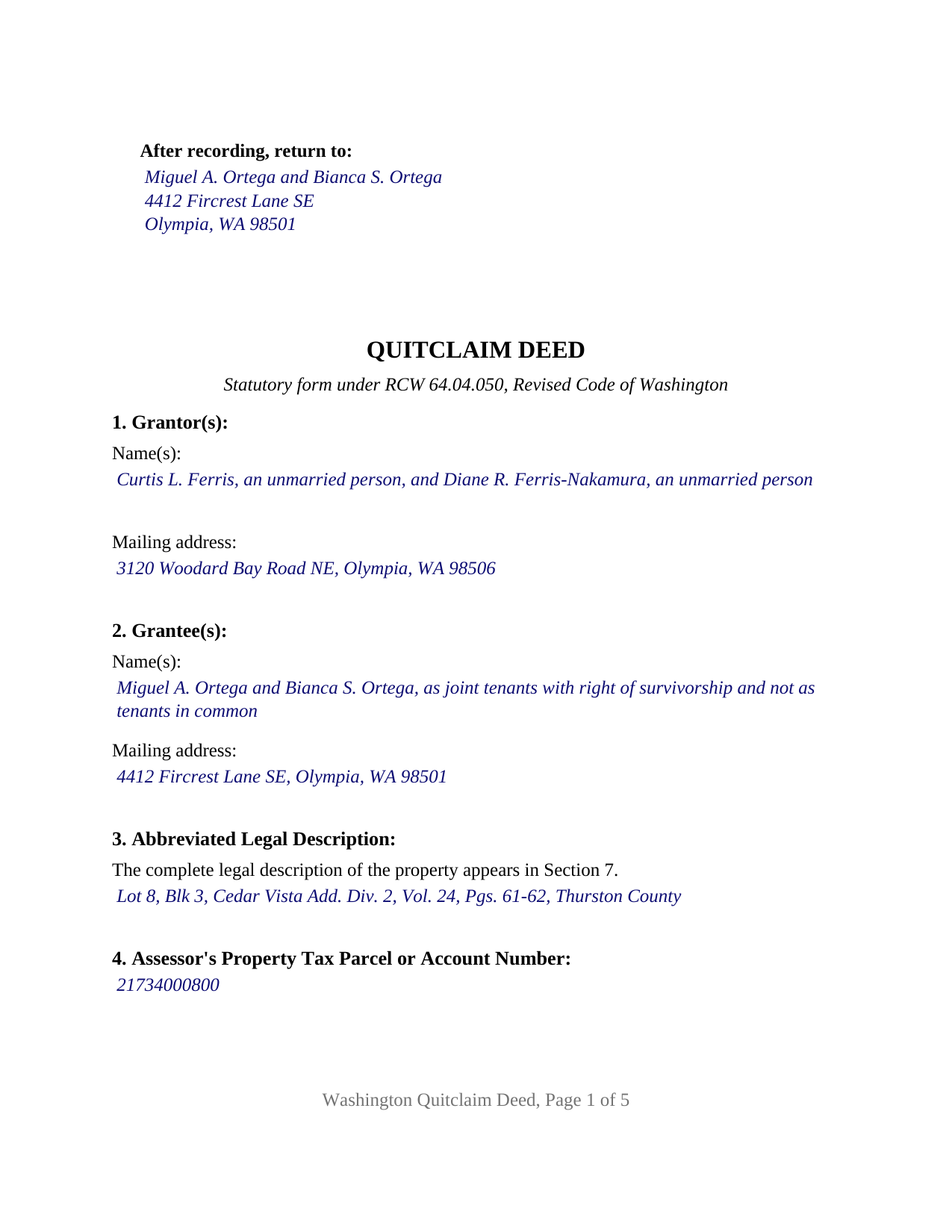 Franklin County Completed Example of the Quitclaim Deed Document