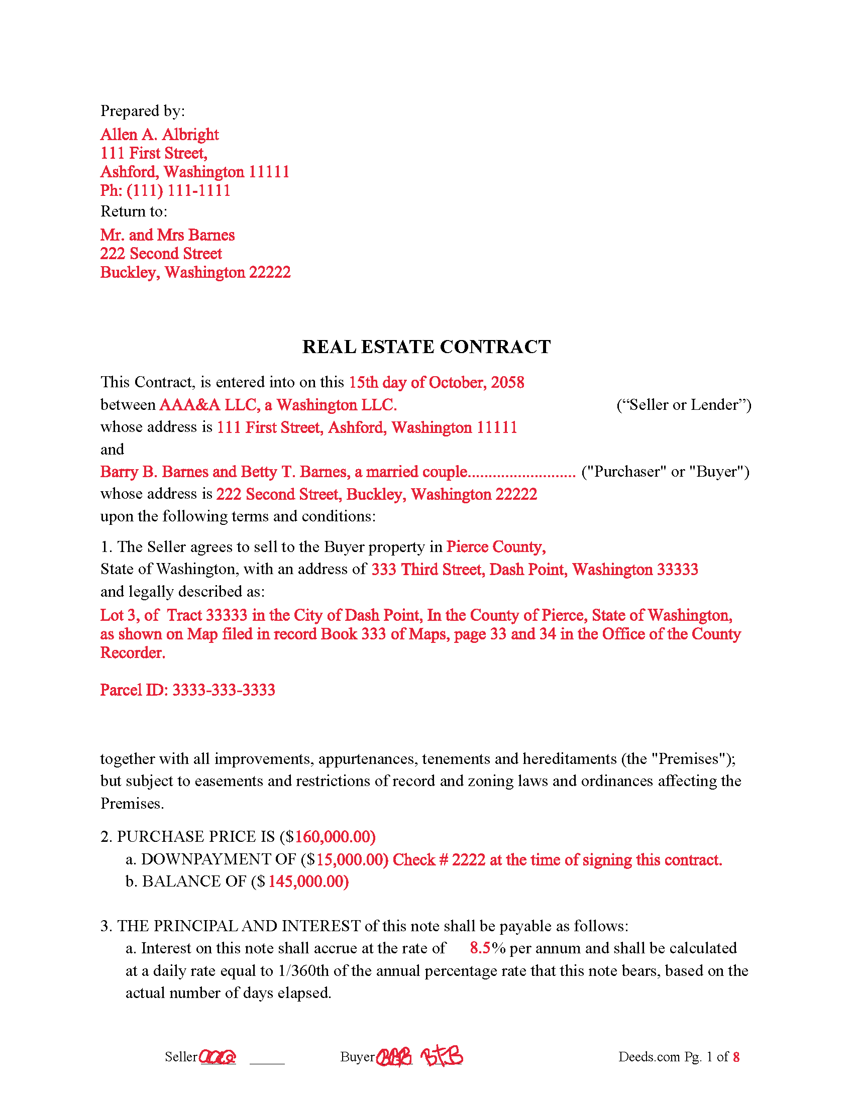 Clallam County Completed Example of the Real Estate Contract Document