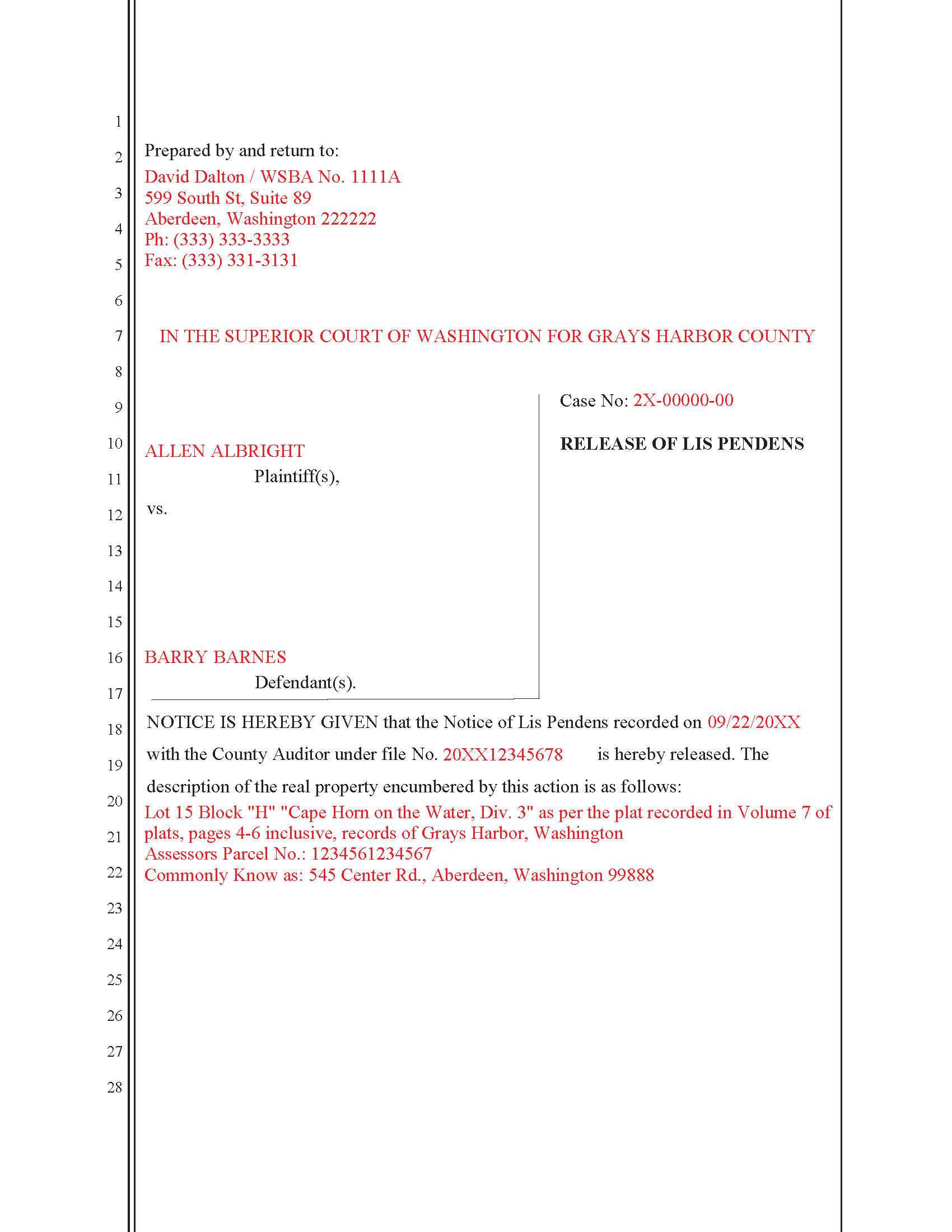 Completed Example of the Release of Lis Pendens Document