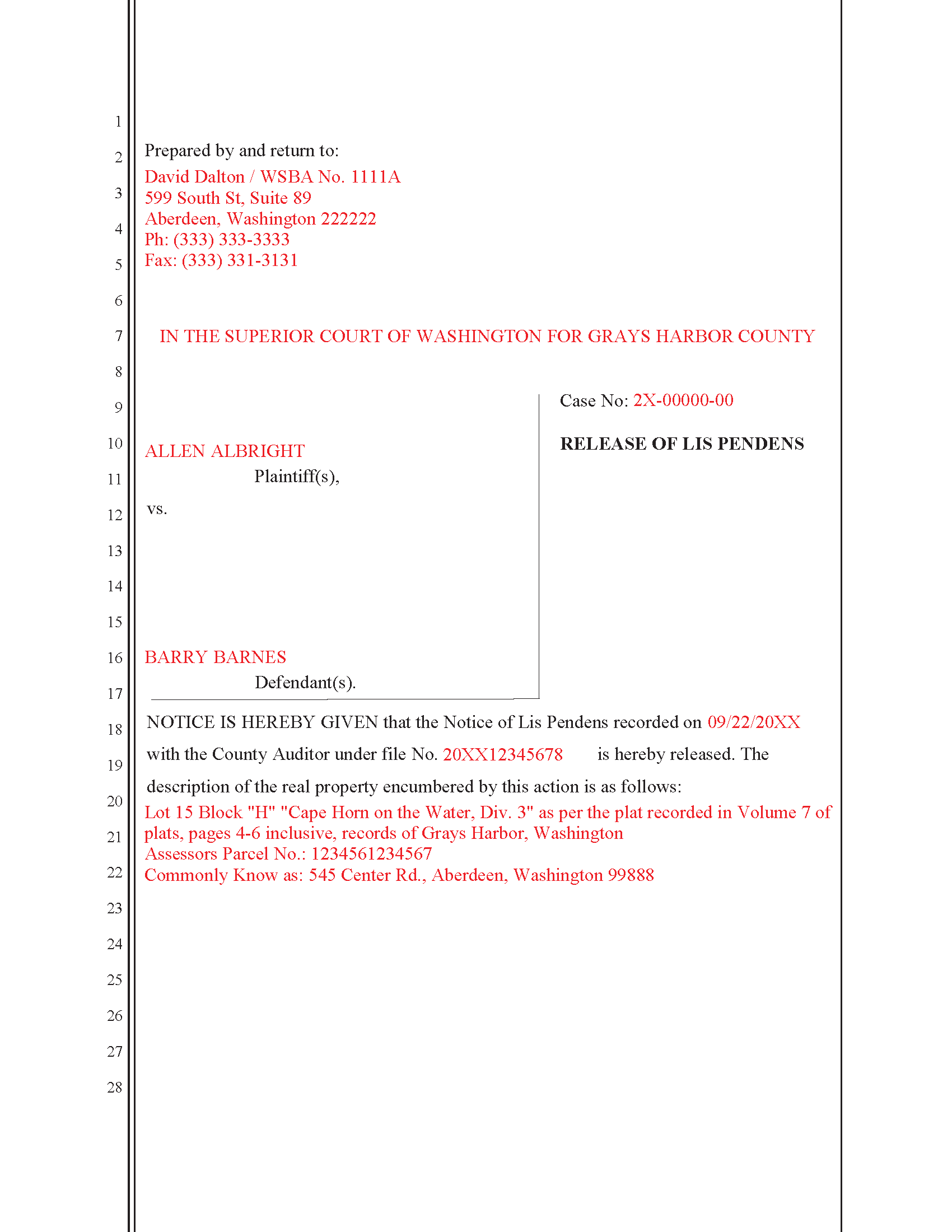 Benton County Completed Example of the Release of Lis Pendens Document