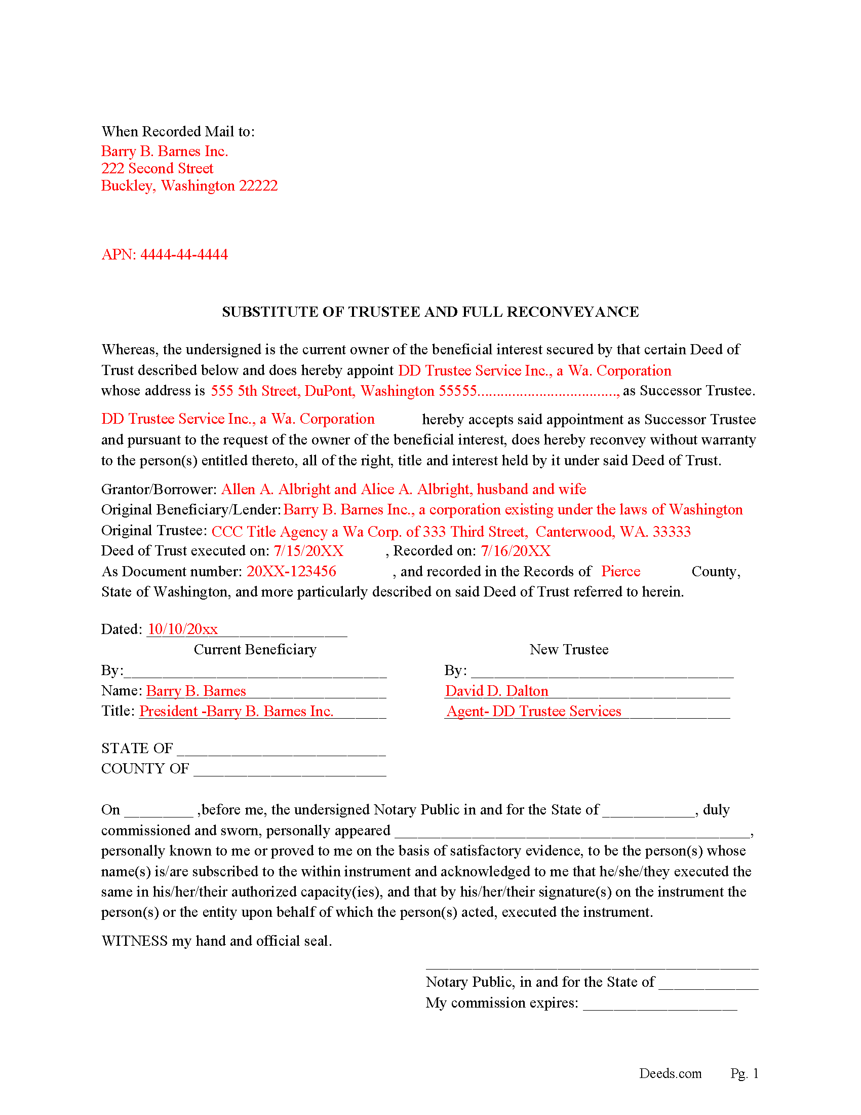 Completed Example of the Substitute and Reconveyance Form