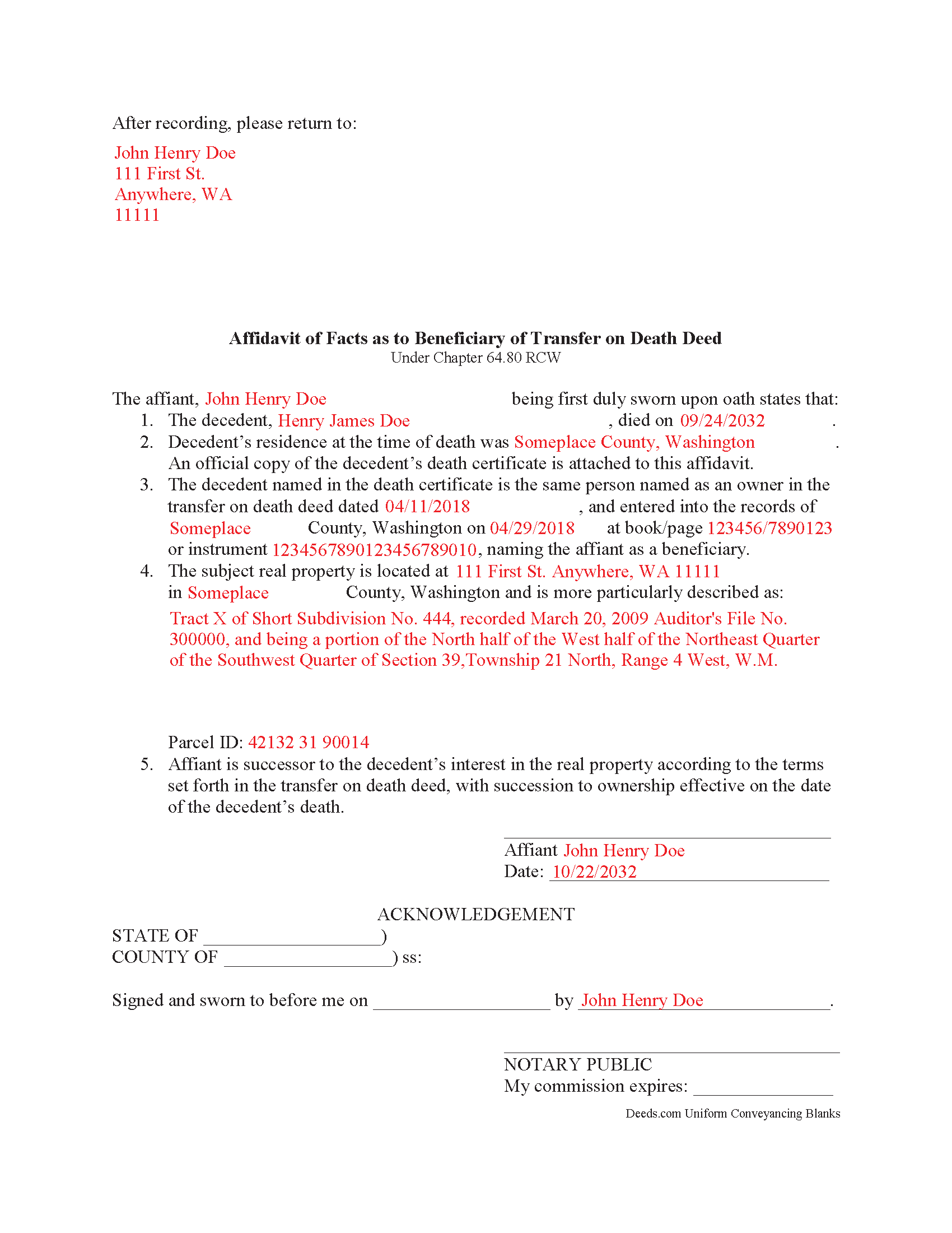 Completed Example of the Transfer on Death Affidavit Document