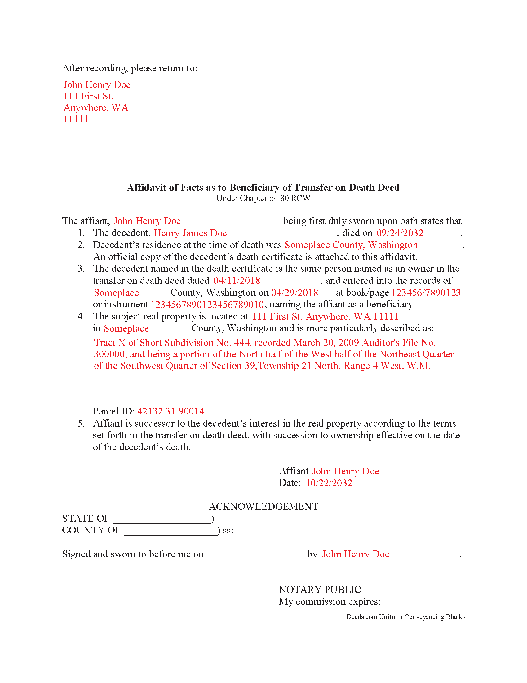Benton County Completed Example of the Transfer on Death Affidavit Document