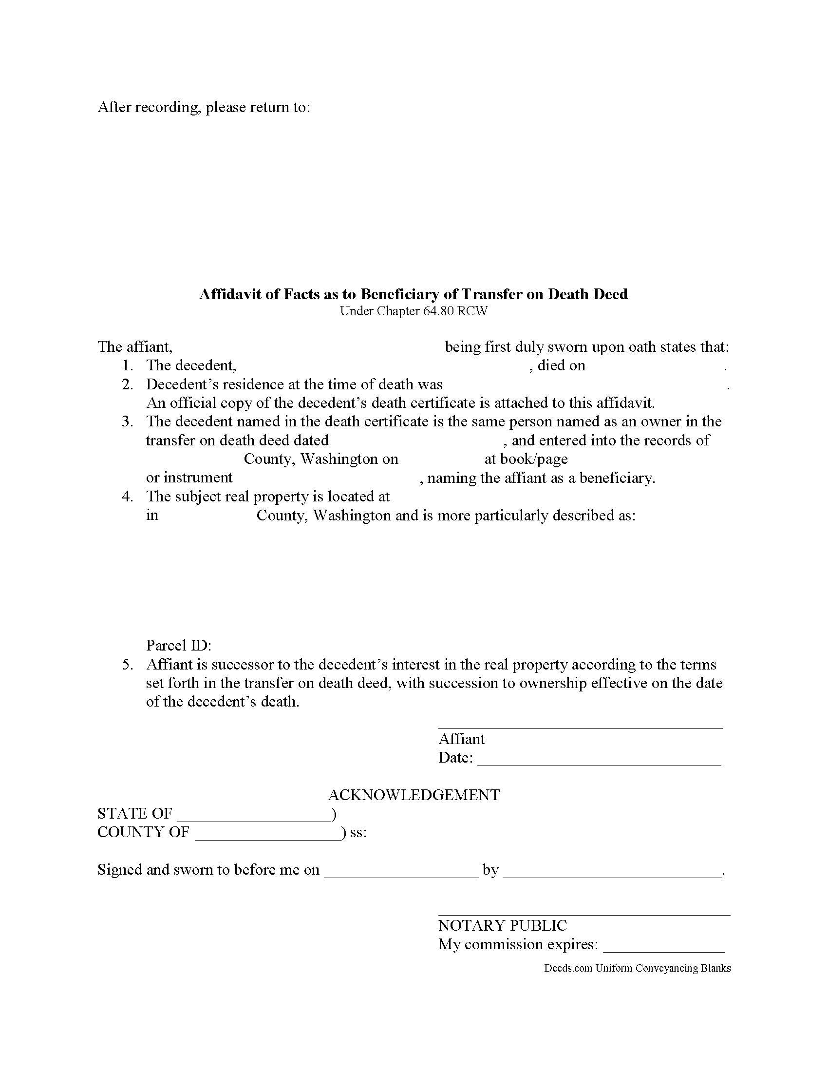 Pierce County Transfer on Death Affidavit Form Washington