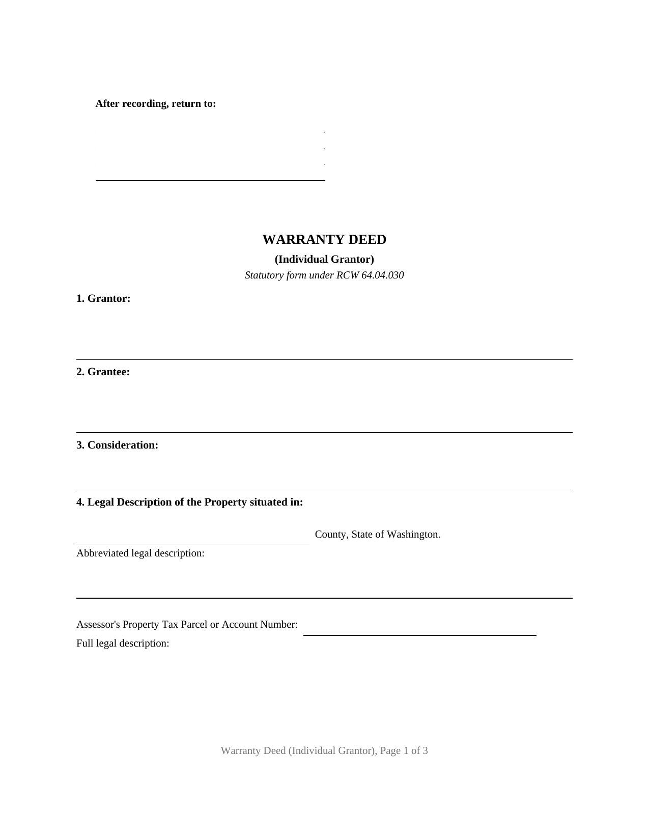 Clark County Warranty Deed (Individual Grantor) Form