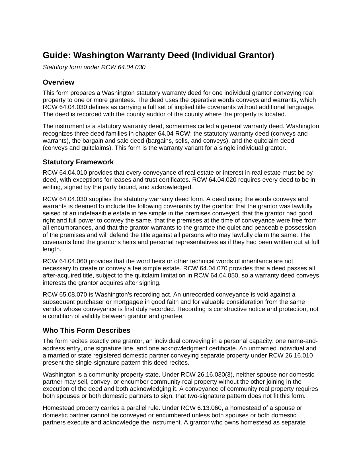 Clark County Warranty Deed (Individual Grantor) Guide