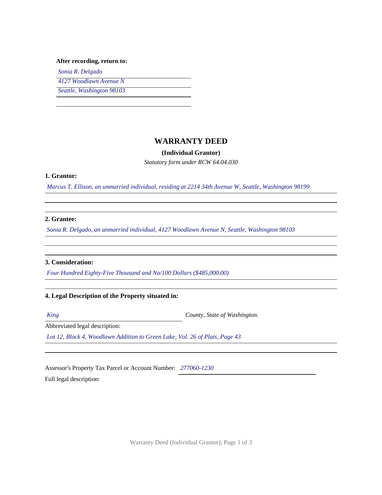 Clark County Completed Example of the Warranty Deed (Individual Grantor) Document