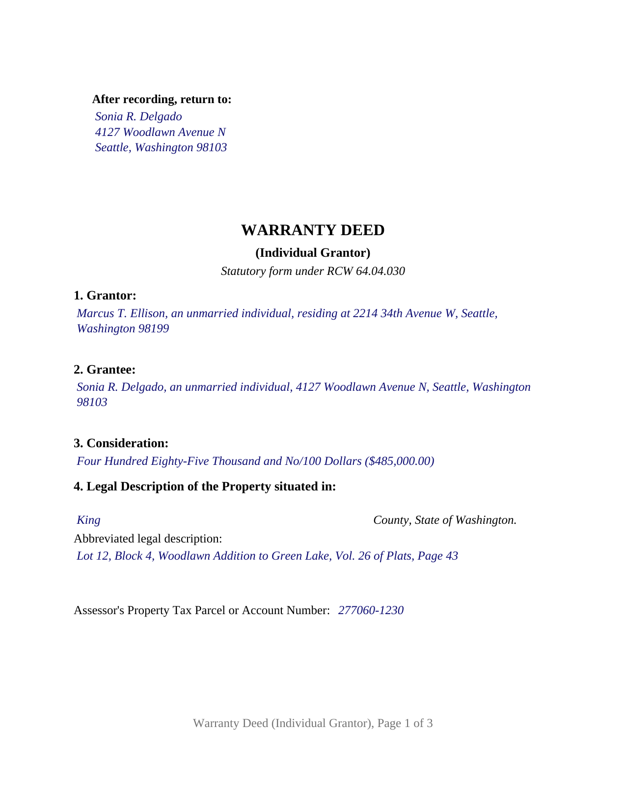 Jefferson County Completed Example of the Warranty Deed (Individual Grantor) Document