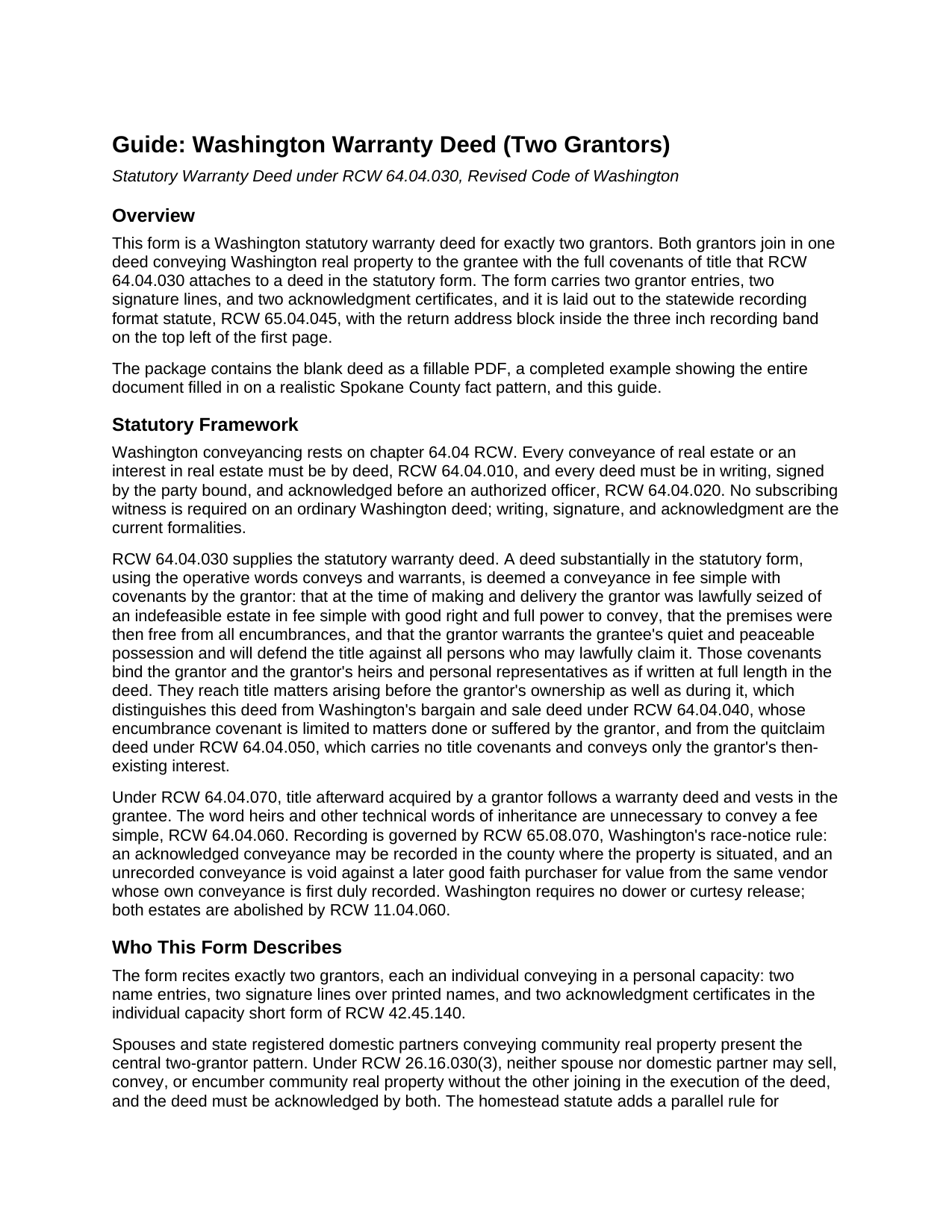 Snohomish County Warranty Deed (Two Grantors) Guide