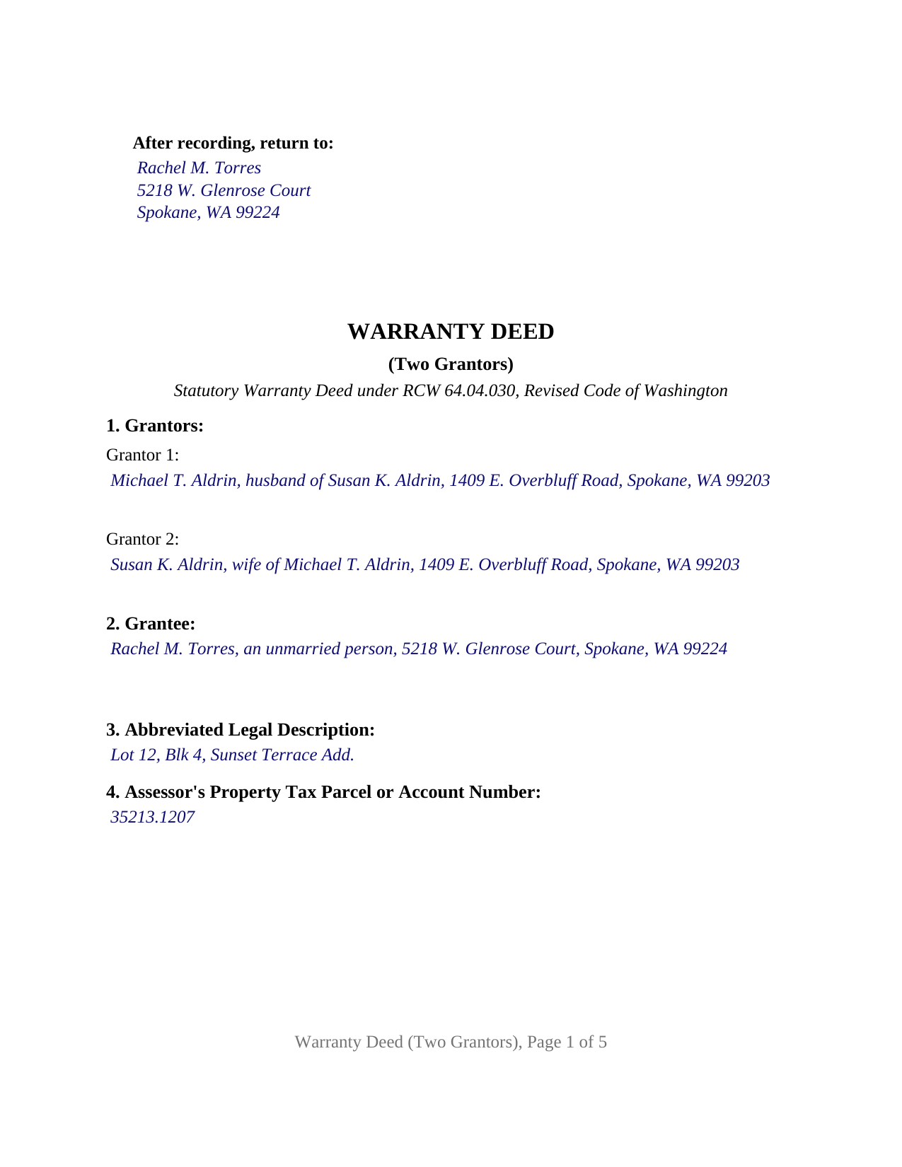 Whatcom County Completed Example of the Warranty Deed (Two Grantors) Document