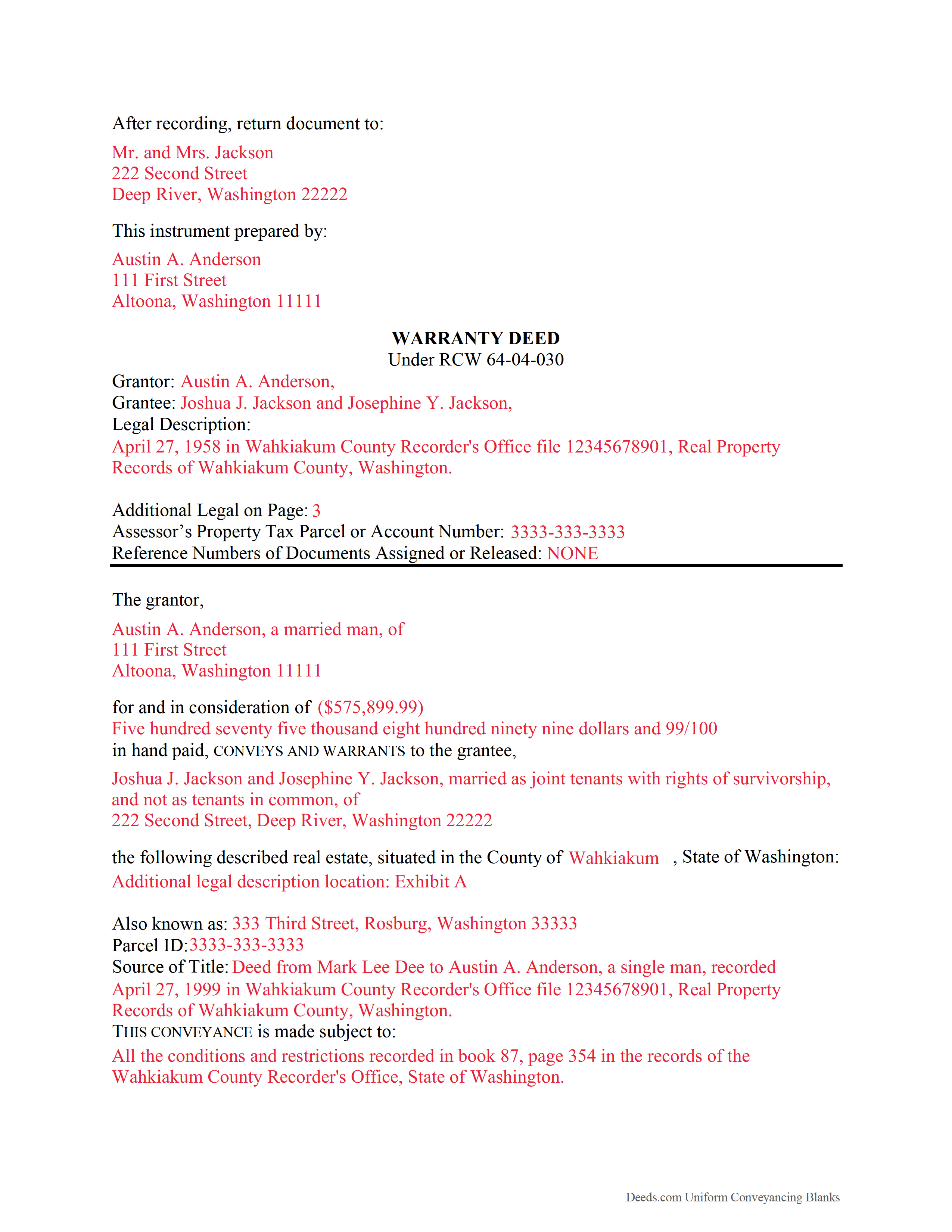 King County Warranty Deed Form Washington