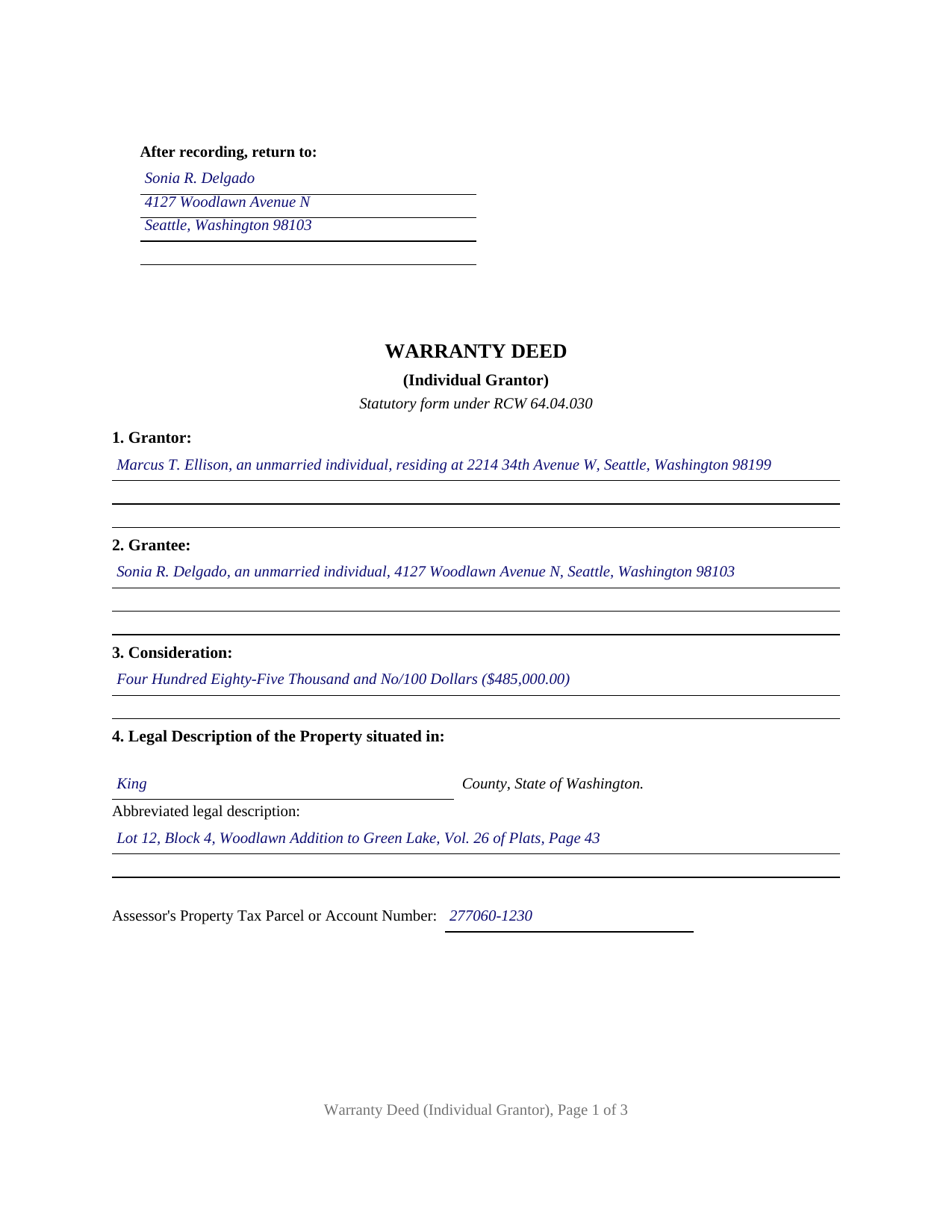 Clark County Completed Example of the Warranty Deed Document