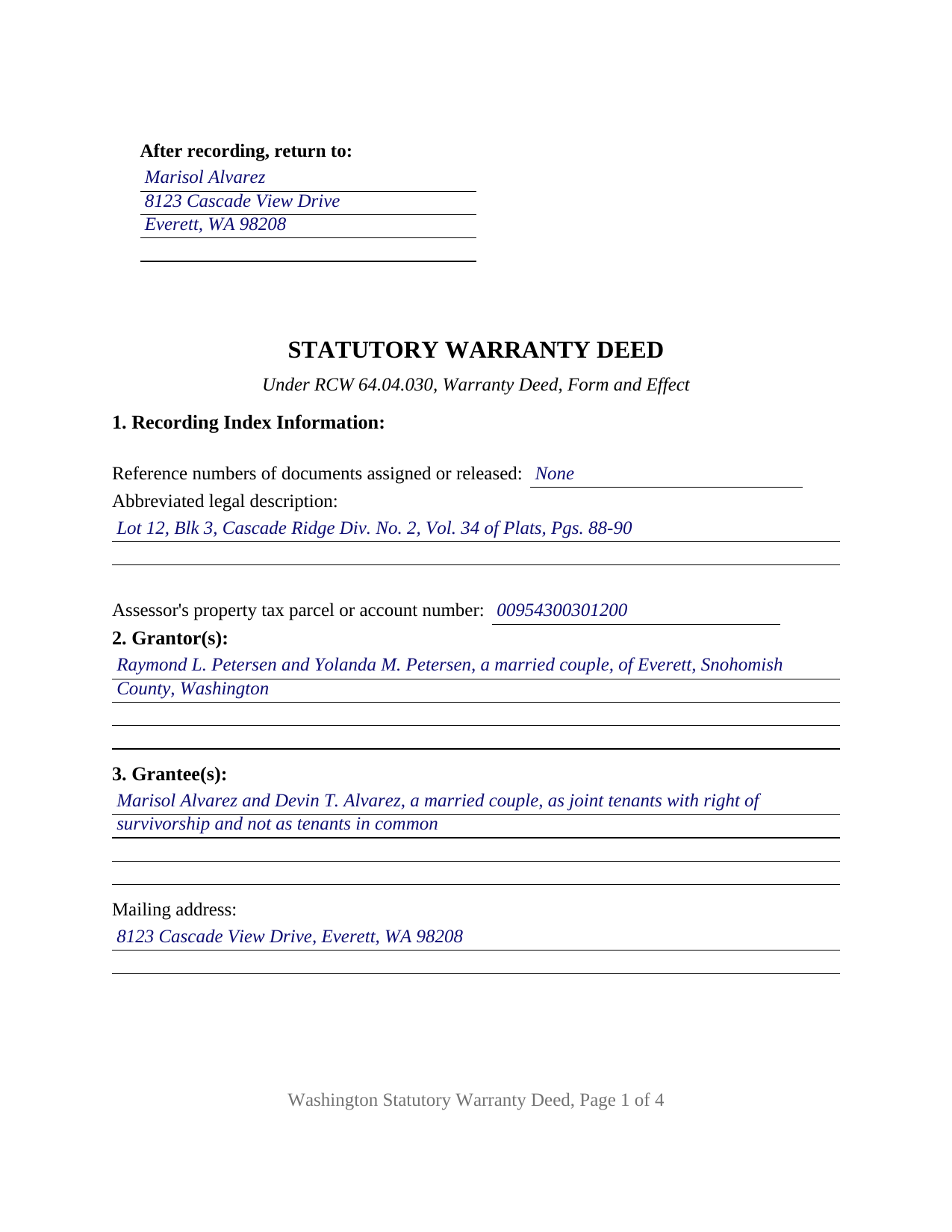 Stevens County Completed Example of the Warranty Deed Document