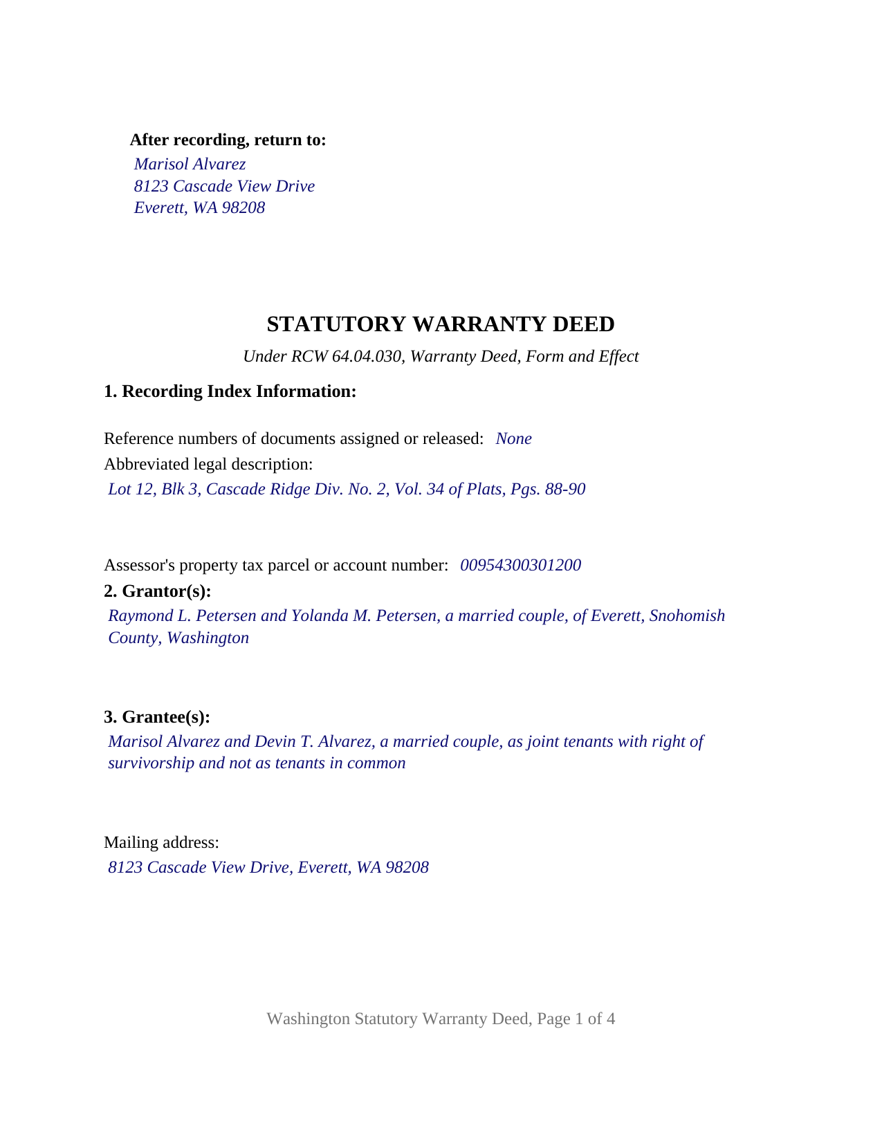 Pierce County Completed Example of the Warranty Deed Document