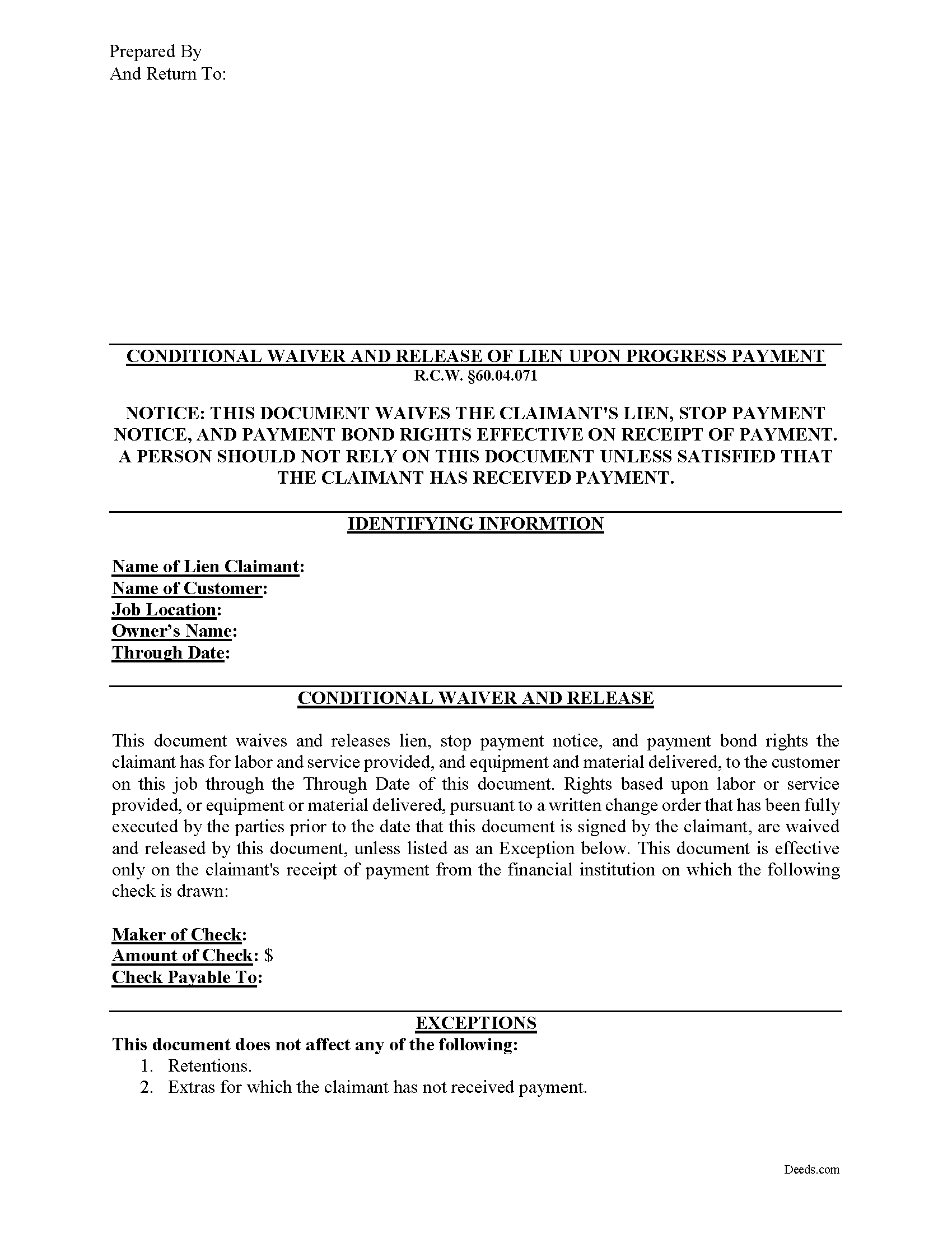 Washington Conditional Waiver and Release of Claim upon Progress Payment Image