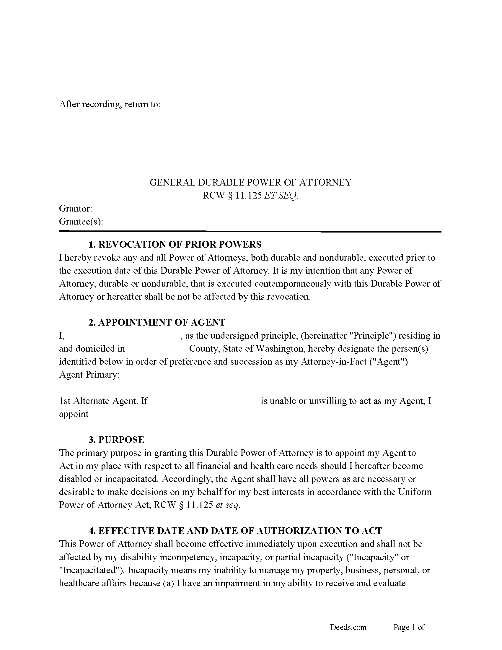 General Durable Power of Attorney RCW  11.125 ET SEQ.