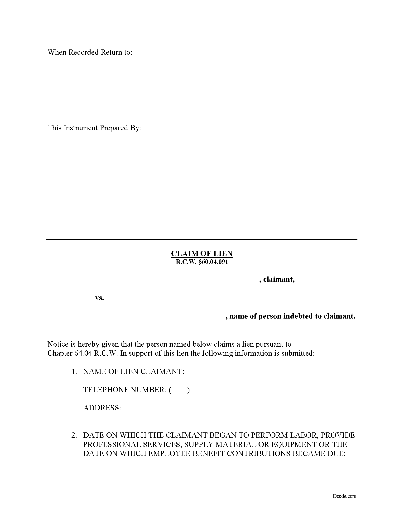 Washington Notice of Claim of Mechanics Lien Image