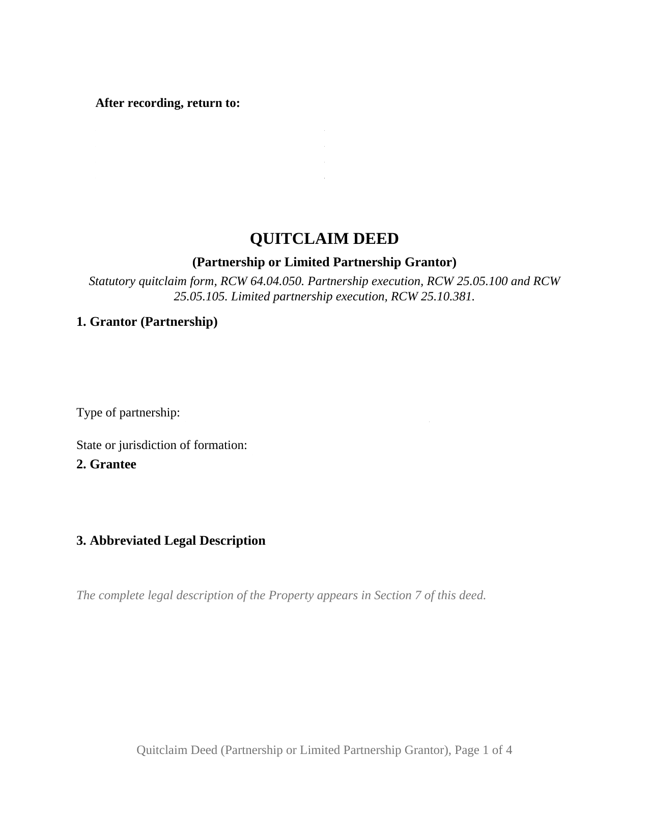 Washington Quitclaim Deed (Partnership or Limited Partnership Grantor)