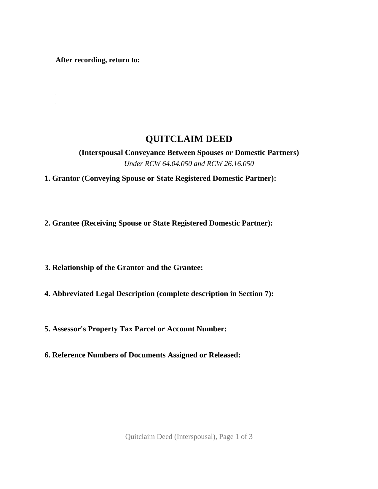 Washington Quitclaim Deed (Interspousal)