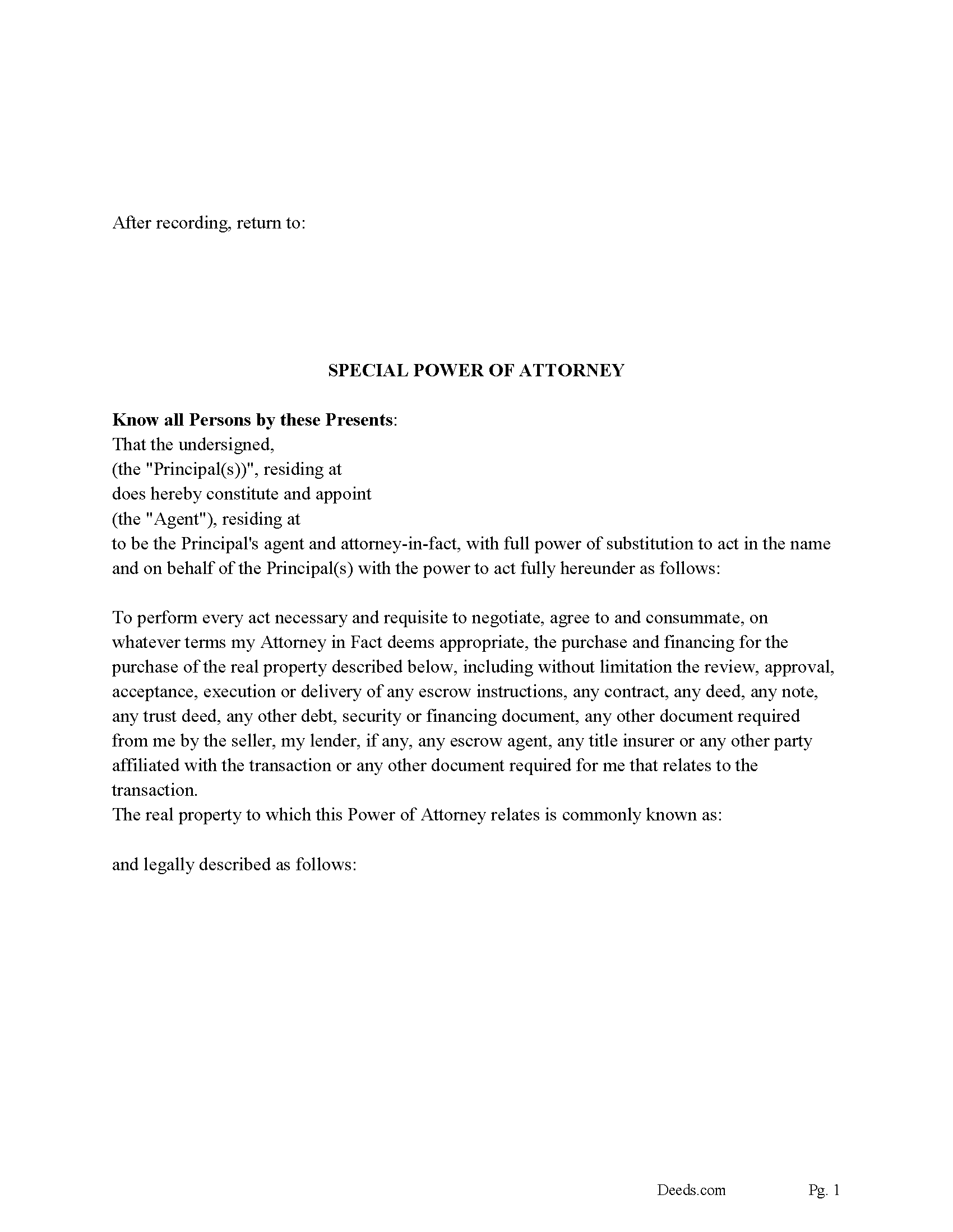 Washington Special Power of Attorney for the Purchase of Property Image