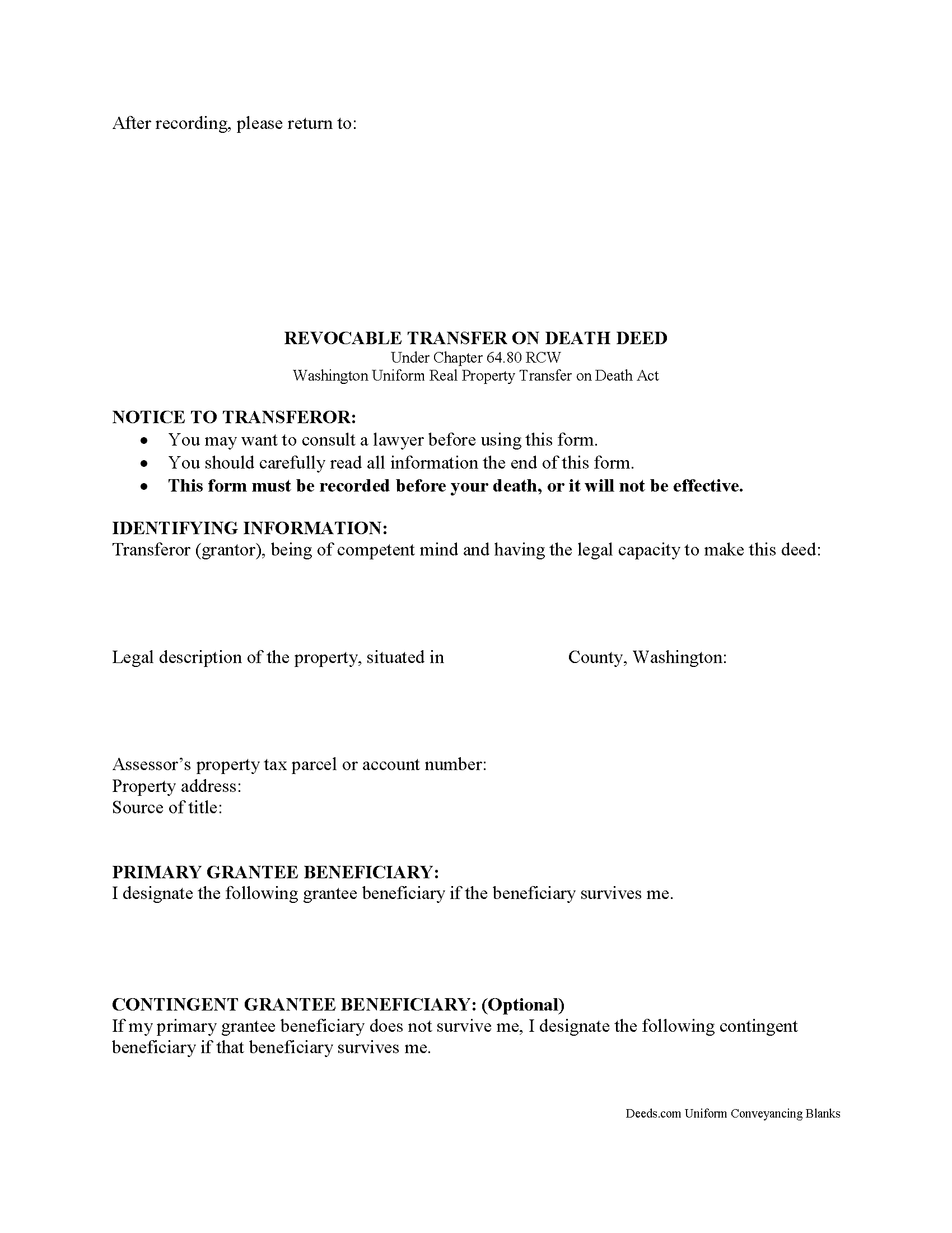 Washington Transfer on Death Deed Image