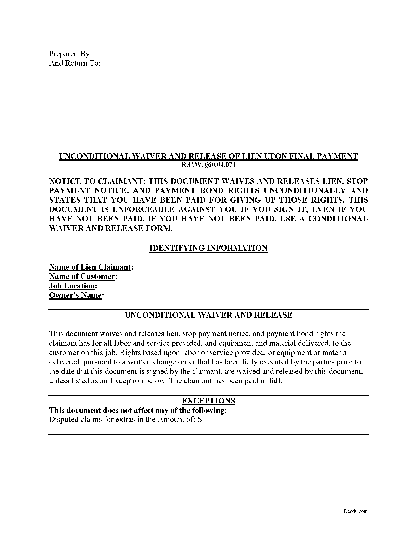 Washington Unconditional Waiver and Release of Claim upon Final Payment Image