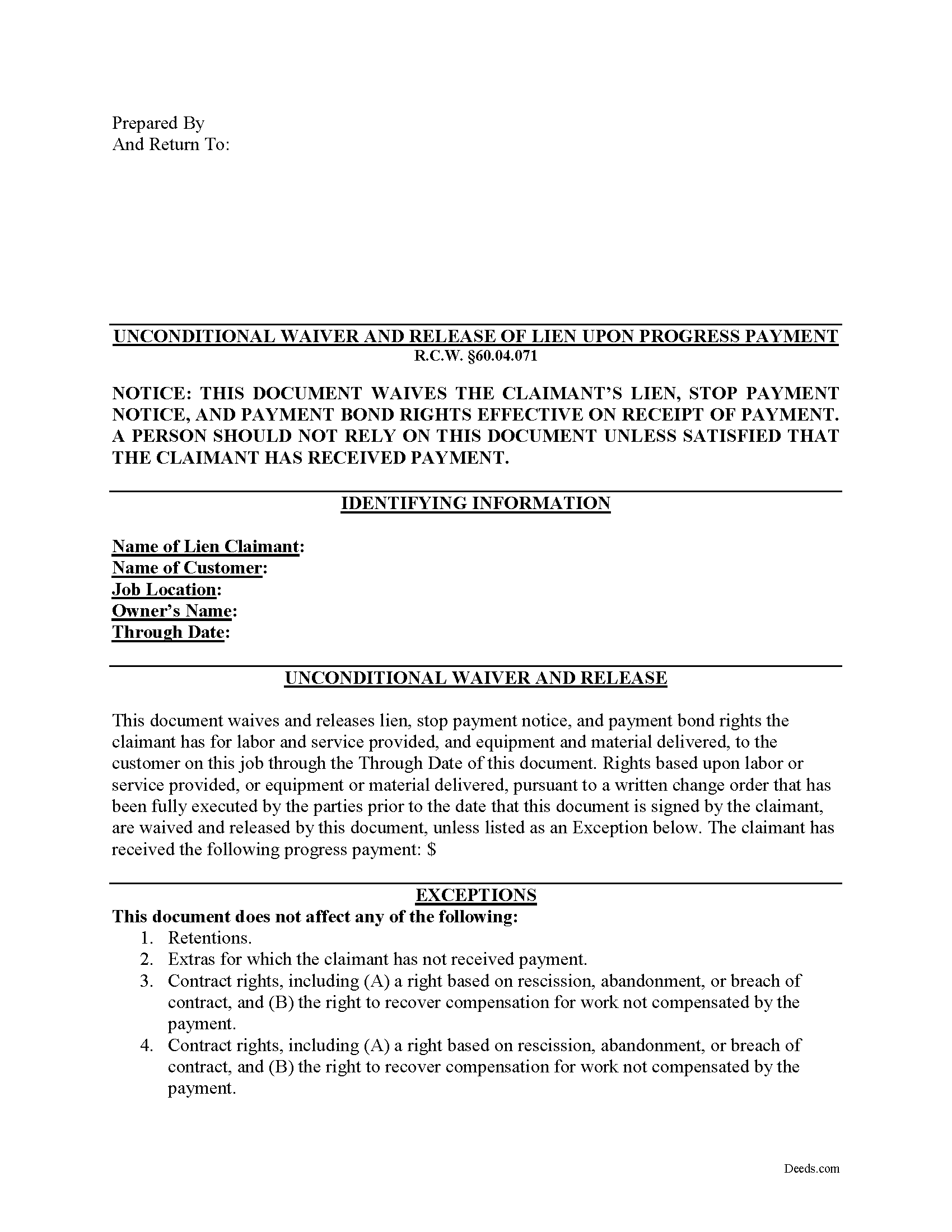 Washington Unconditional Waiver and Release of Claim upon Progress Payment Image