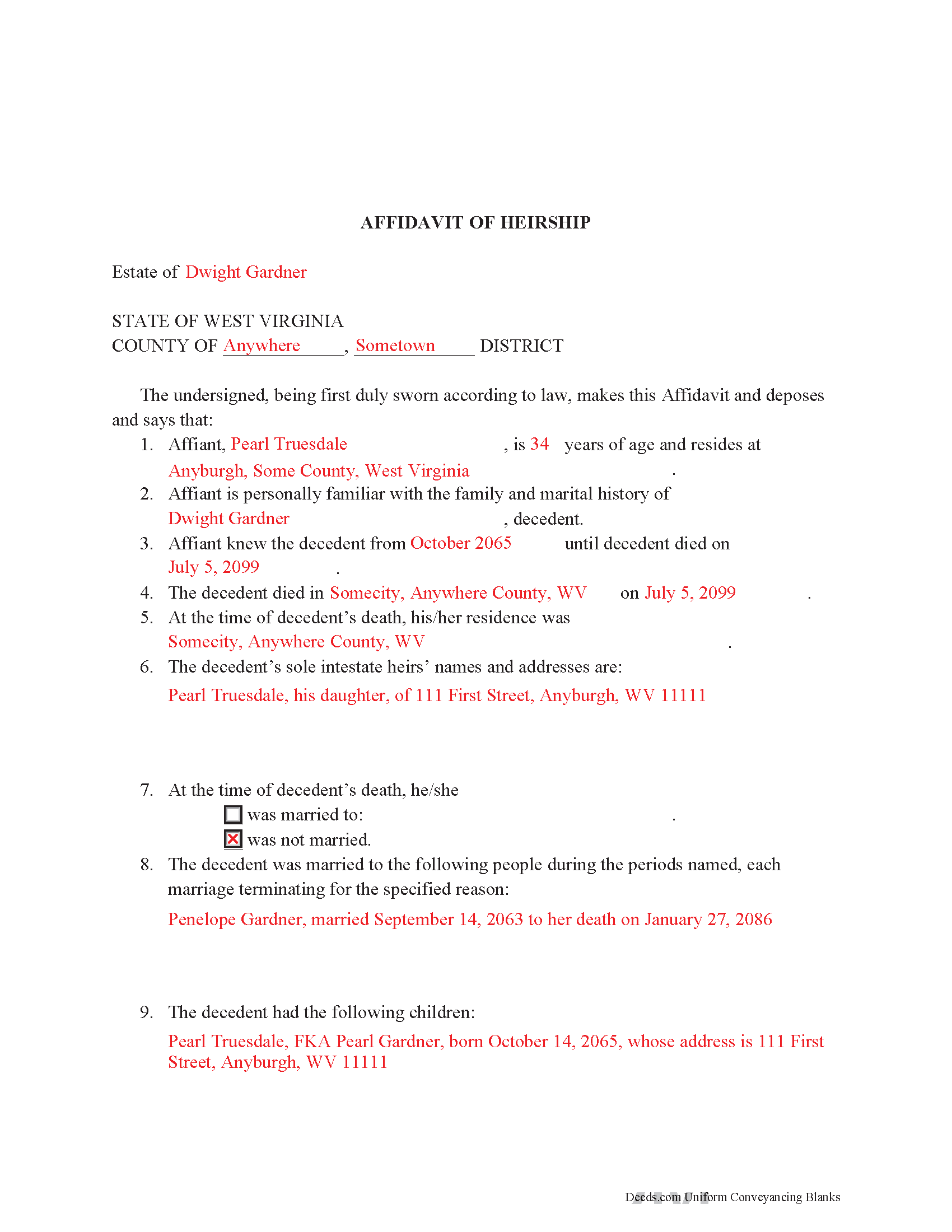 Completed Example of the Affidavit of Heirship Document