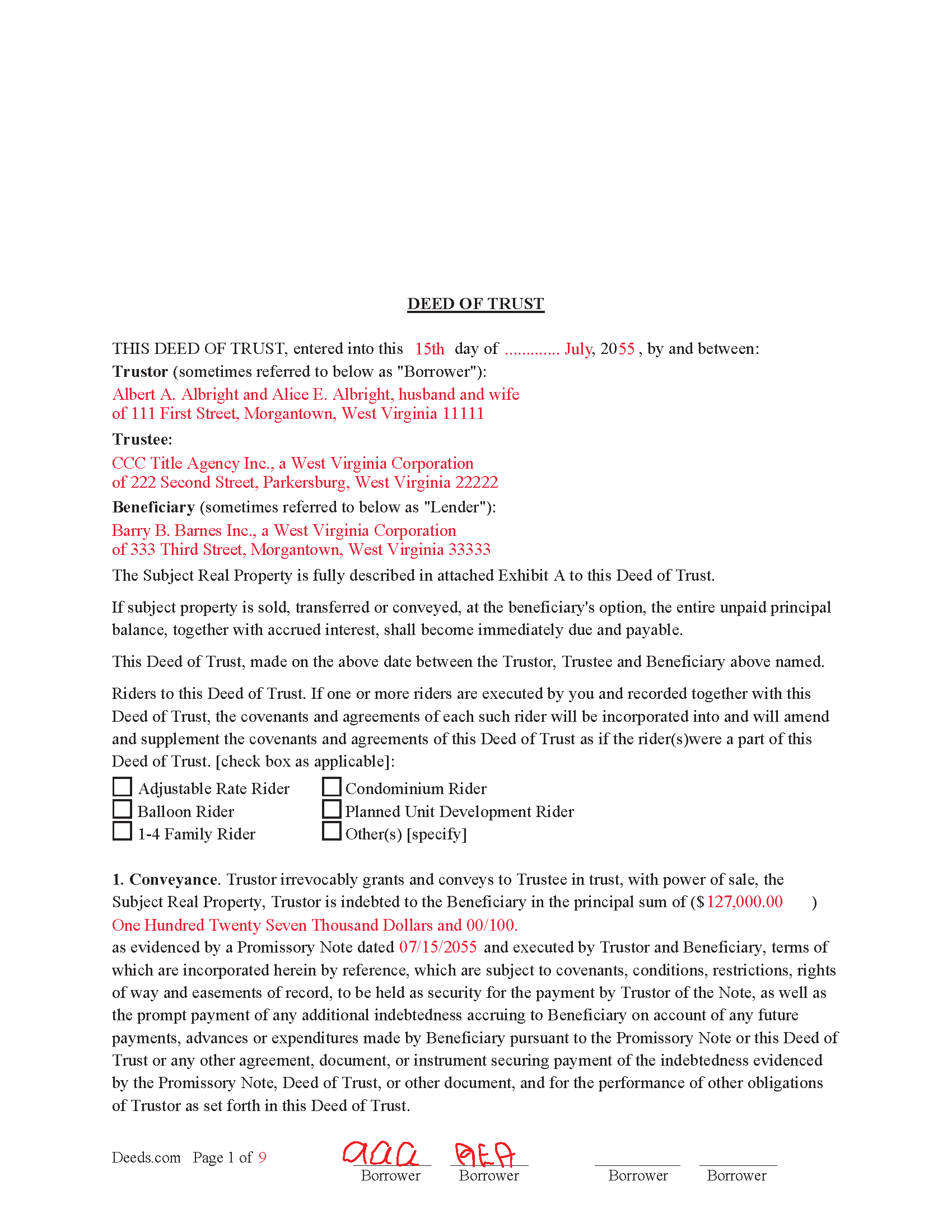 Completed Example of the Deed of Trust Document