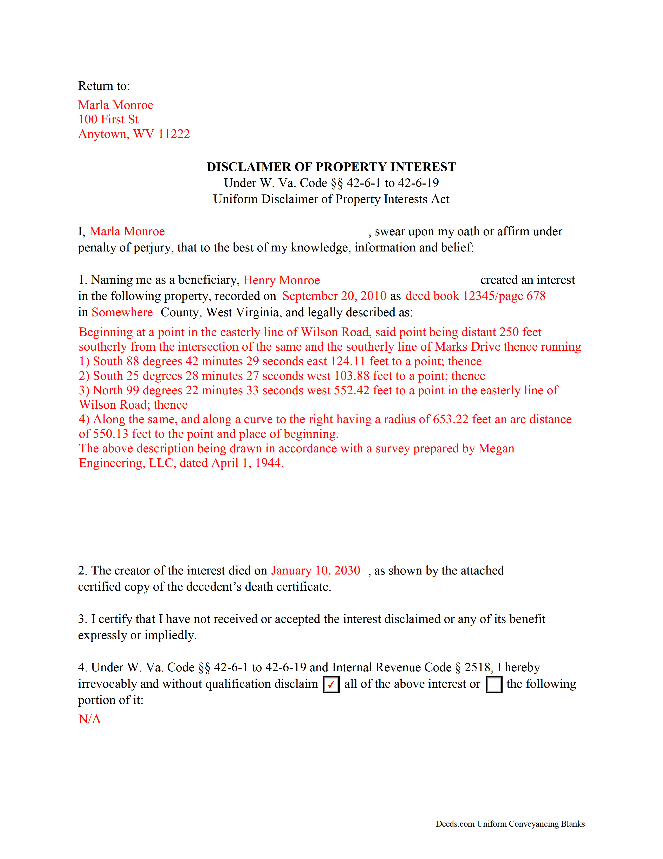 Completed Example of the Disclaimer of Interest Document