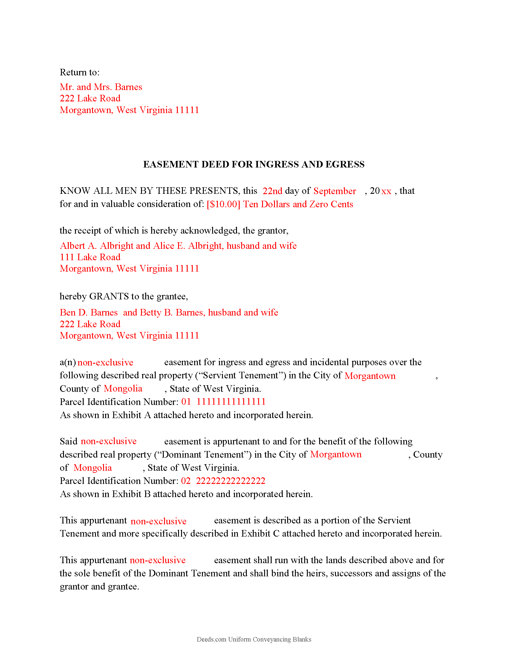 Completed Example of the Easement Deed Document