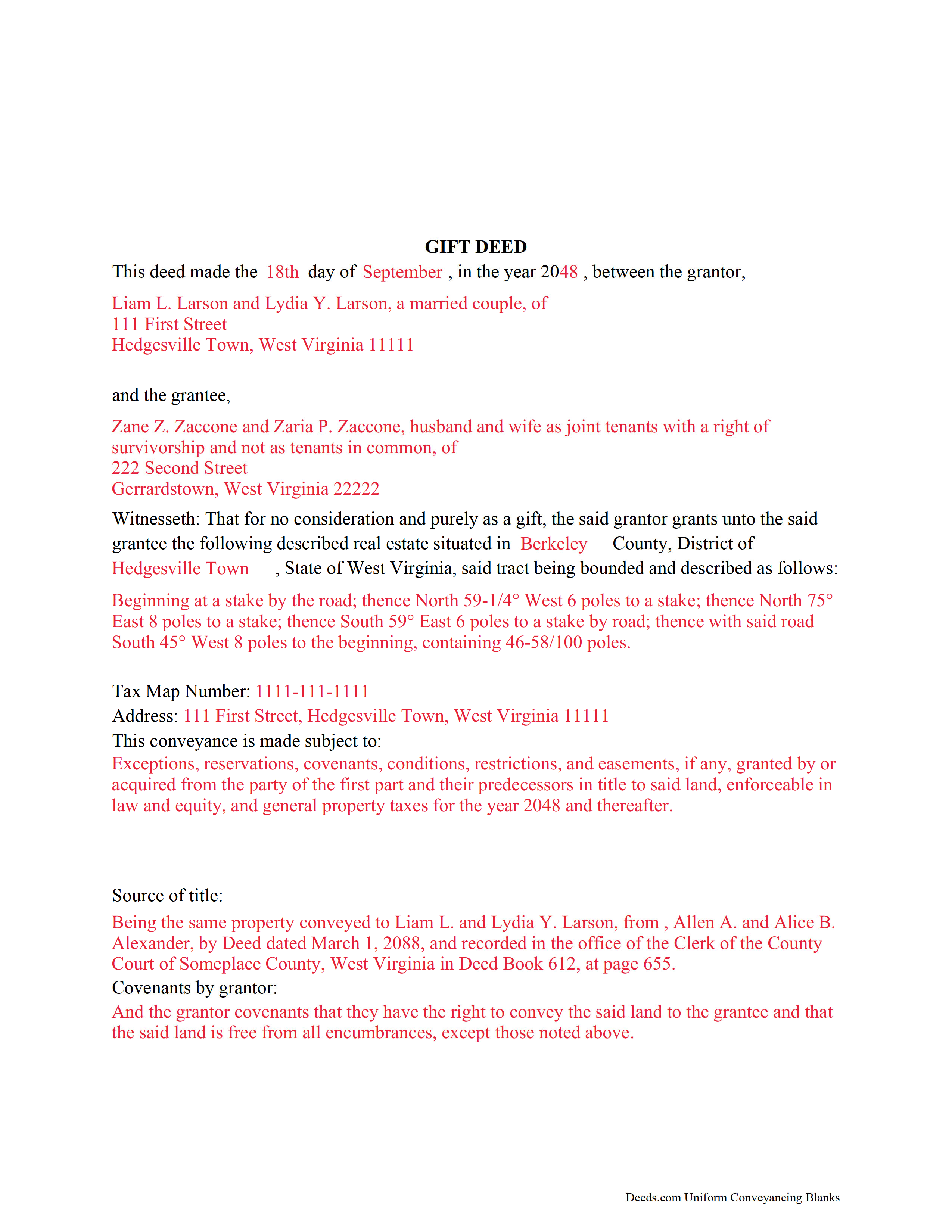 Tyler County Completed Example of the Gift Deed Document