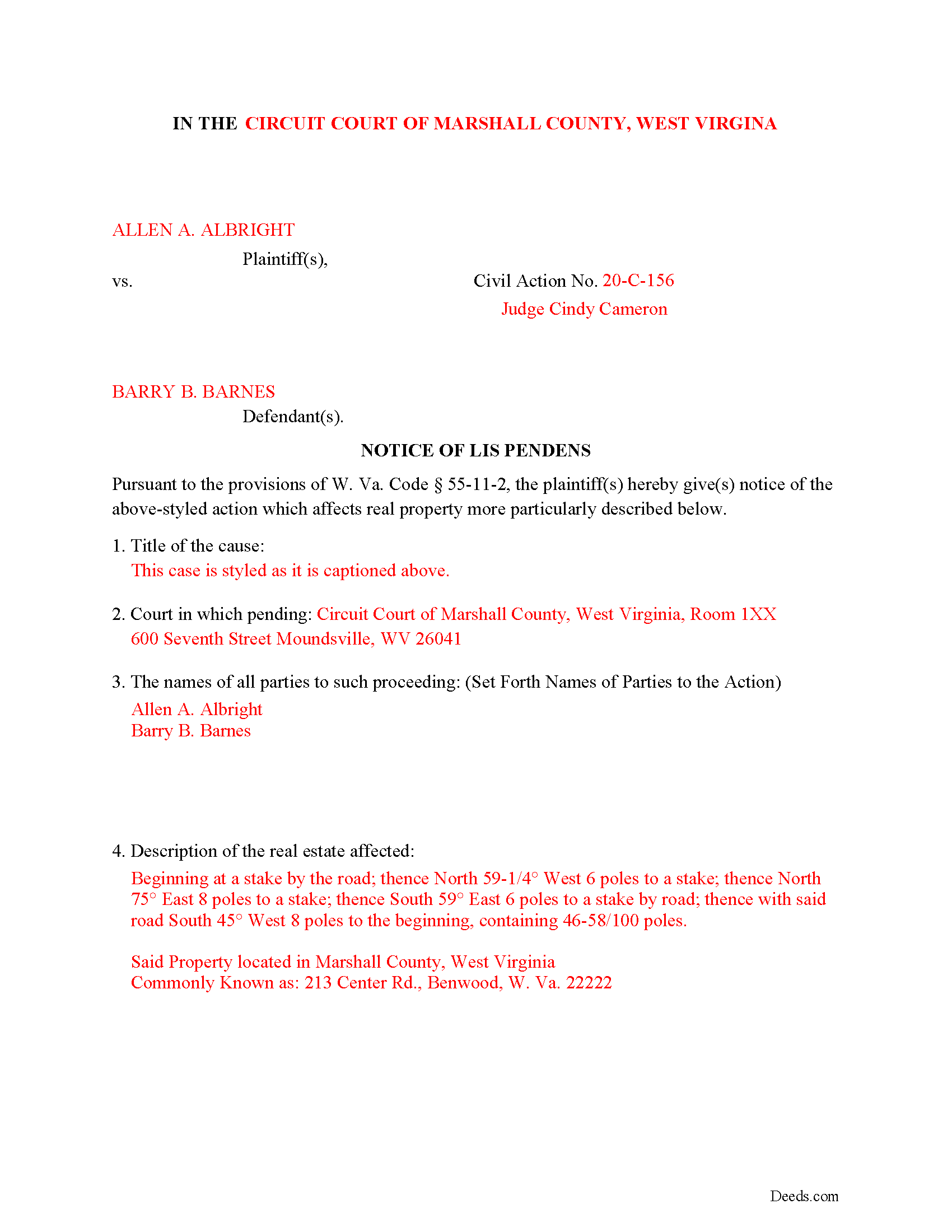 Completed Example of the Lis Pendens Document