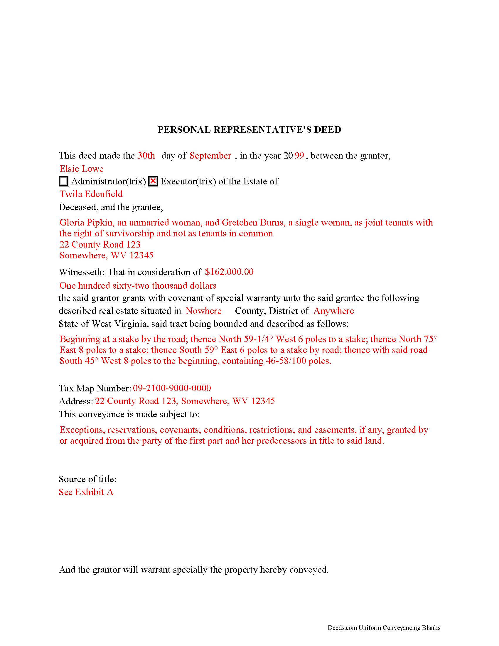 Completed Example of the Personal Representative Deed Document