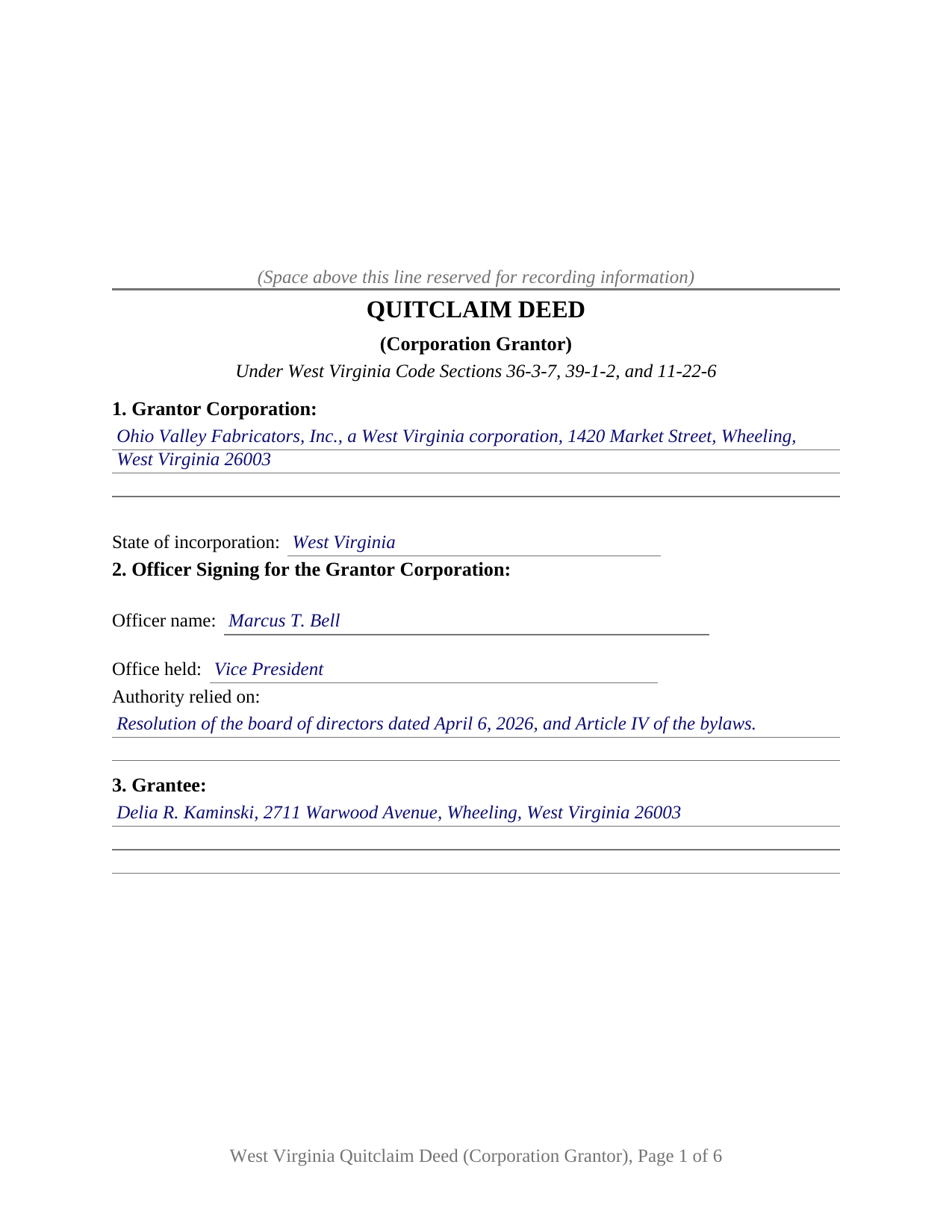 Hancock County Completed Example of the Quitclaim Deed (Corporation Grantor) Document