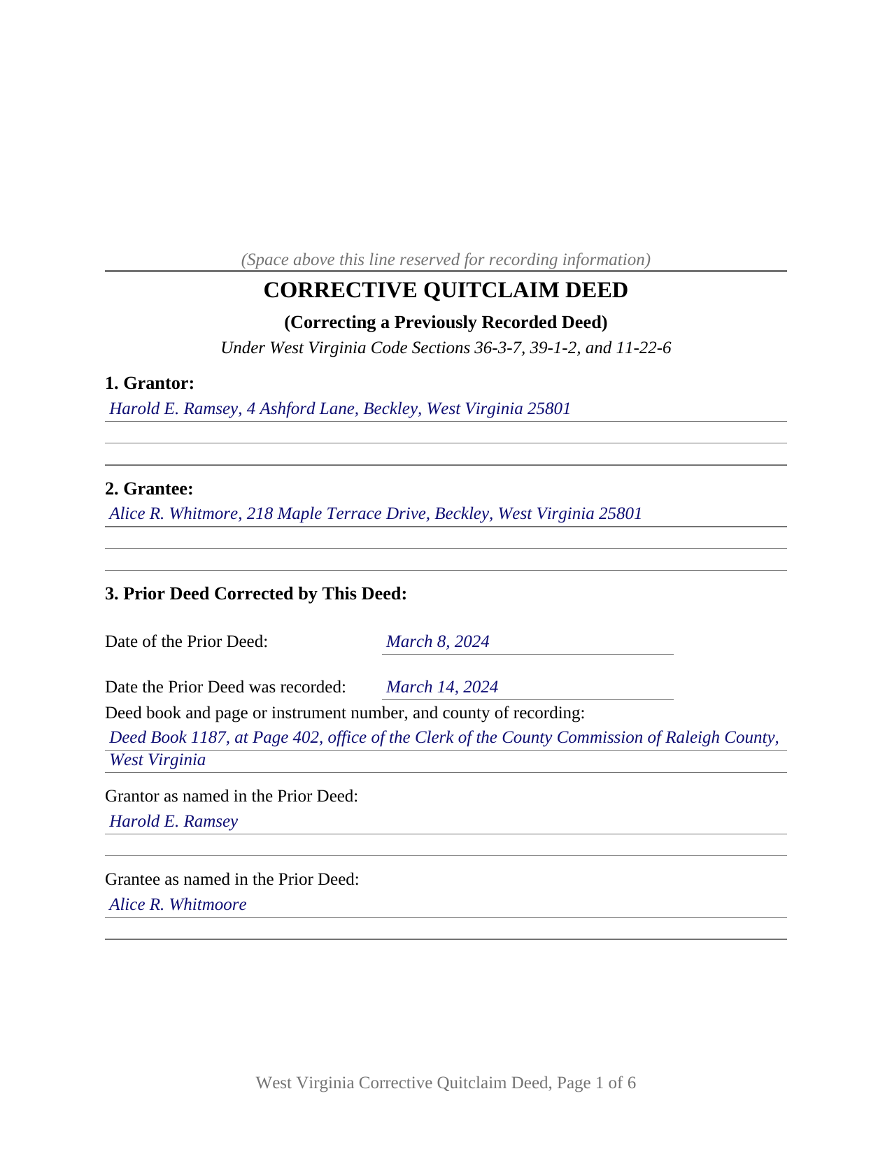 Summers County Completed Example of the Quitclaim Deed (Corrective) Document