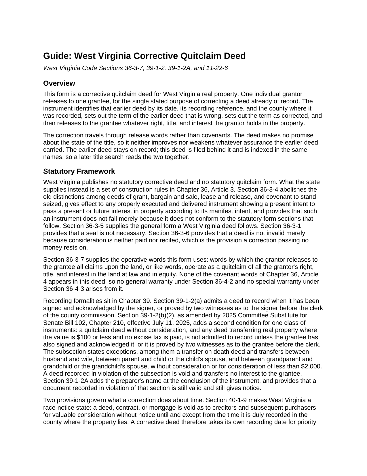 Summers County Quitclaim Deed (Corrective) Guide