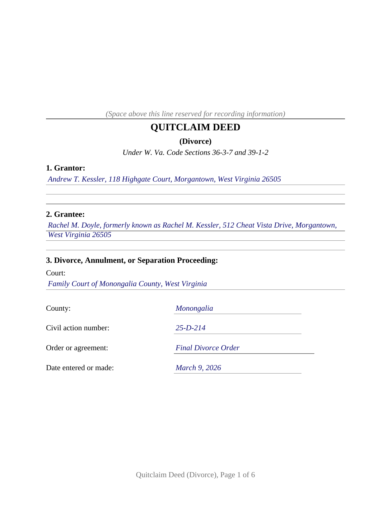 Wetzel County Completed Example of the Quitclaim Deed (Divorce) Document