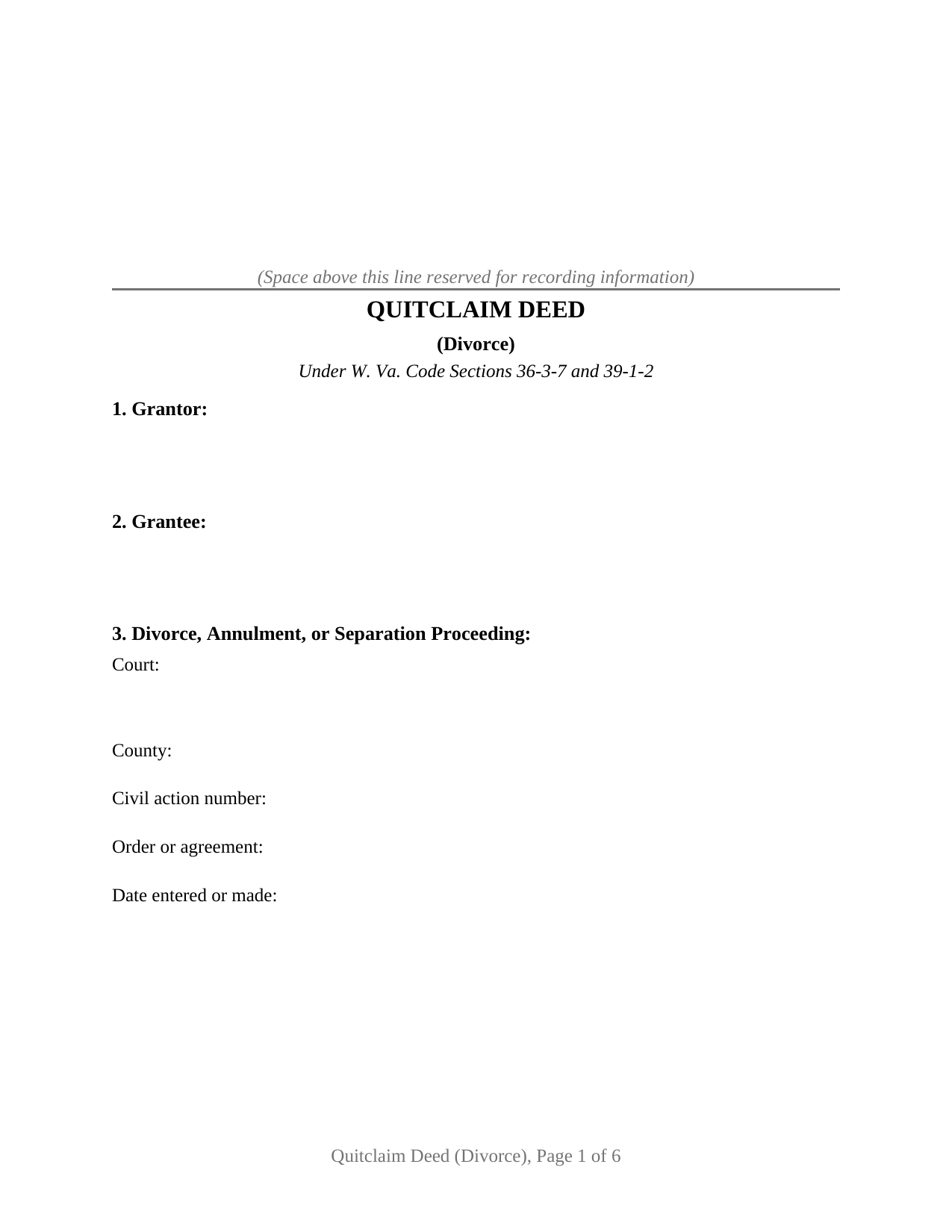 Wetzel County Quitclaim Deed (Divorce) Form