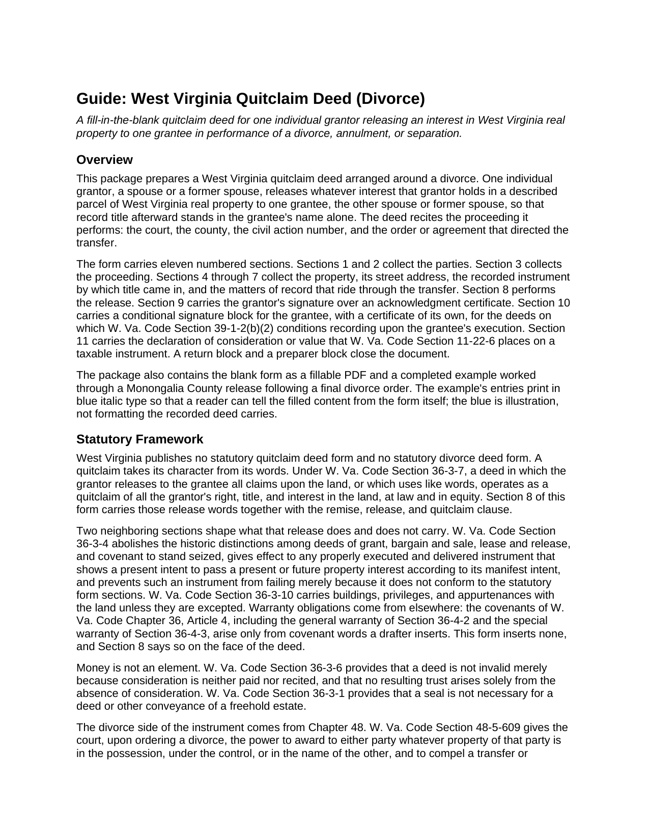 Wetzel County Quitclaim Deed (Divorce) Guide