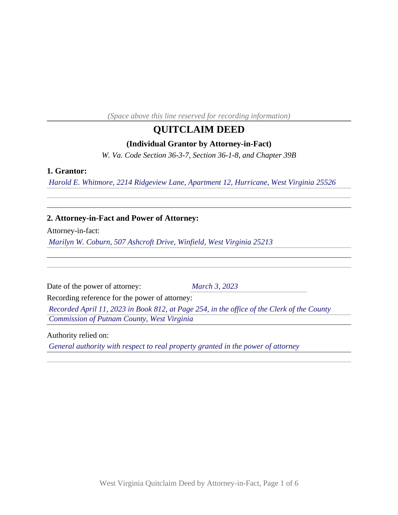 Berkeley County Completed Example of the Quitclaim Deed (Individual Grantor by Attorney-in-Fact) Document