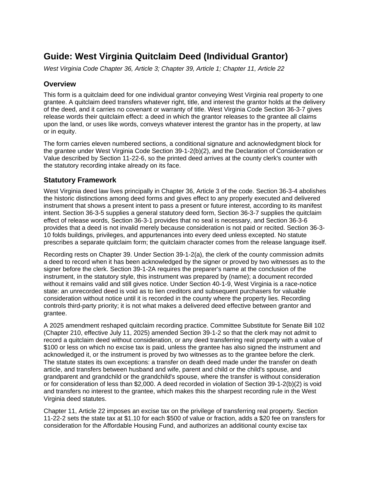 Braxton County Quitclaim Deed (Individual Grantor) Guide