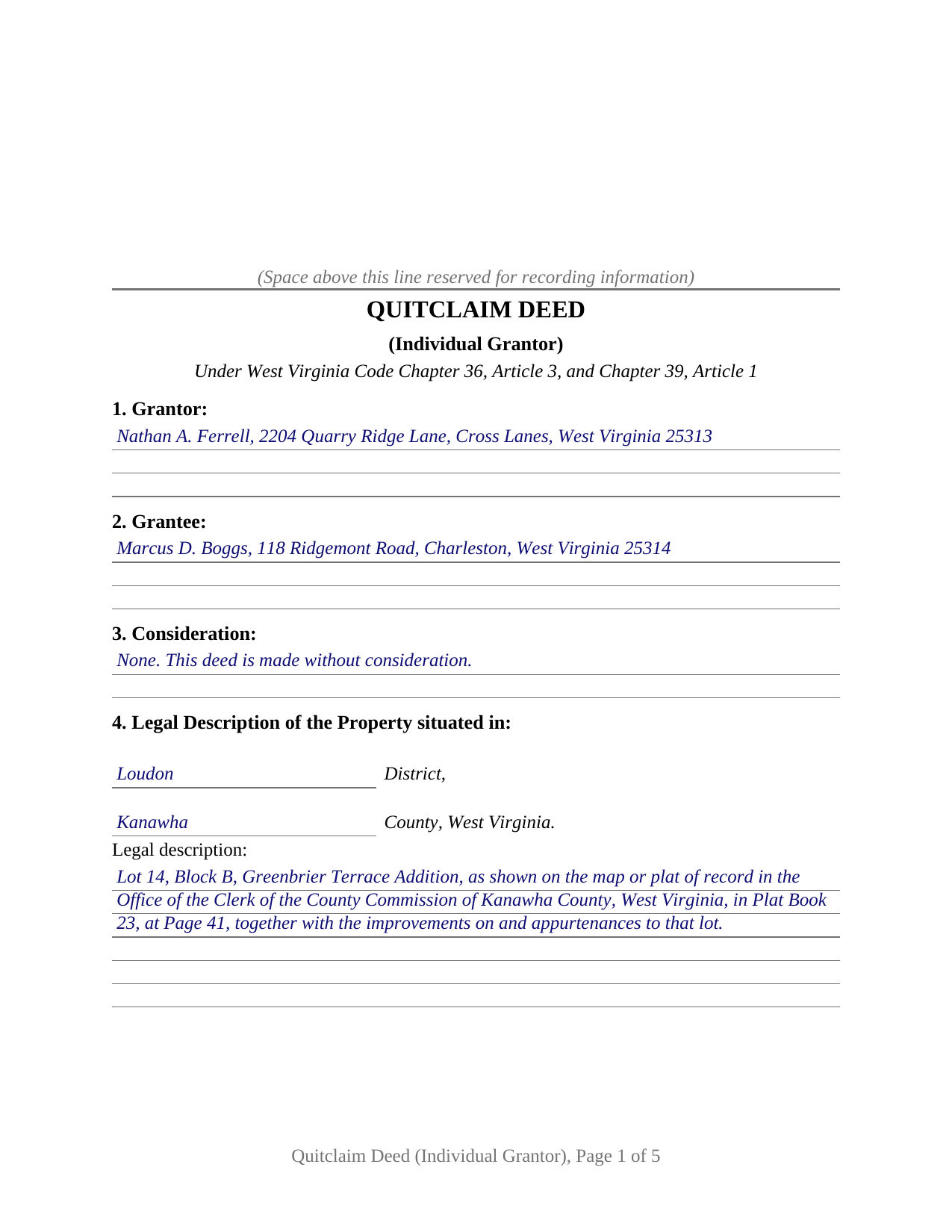 Braxton County Completed Example of the Quitclaim Deed (Individual Grantor) Document