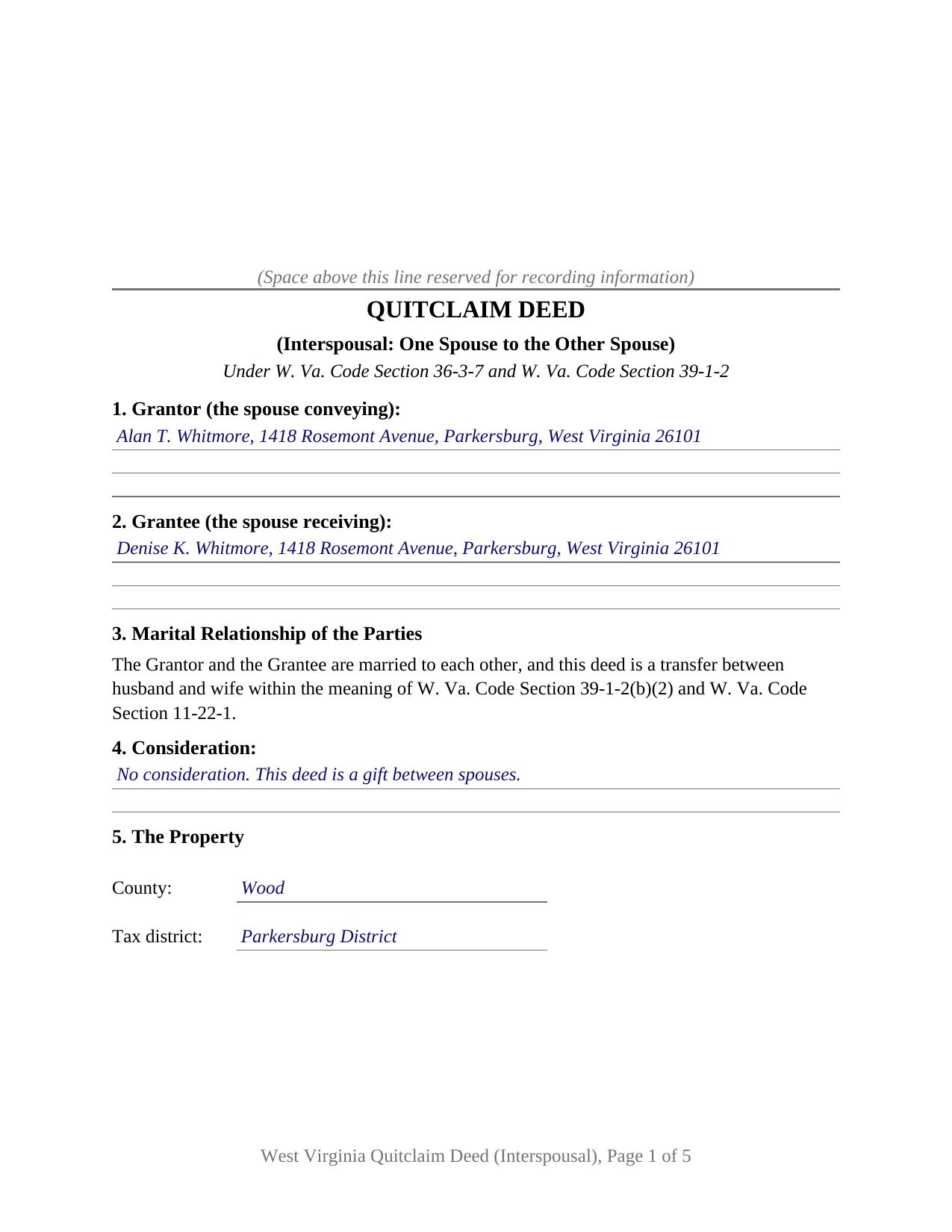 Doddridge County Completed Example of the Quitclaim Deed (Interspousal) Document