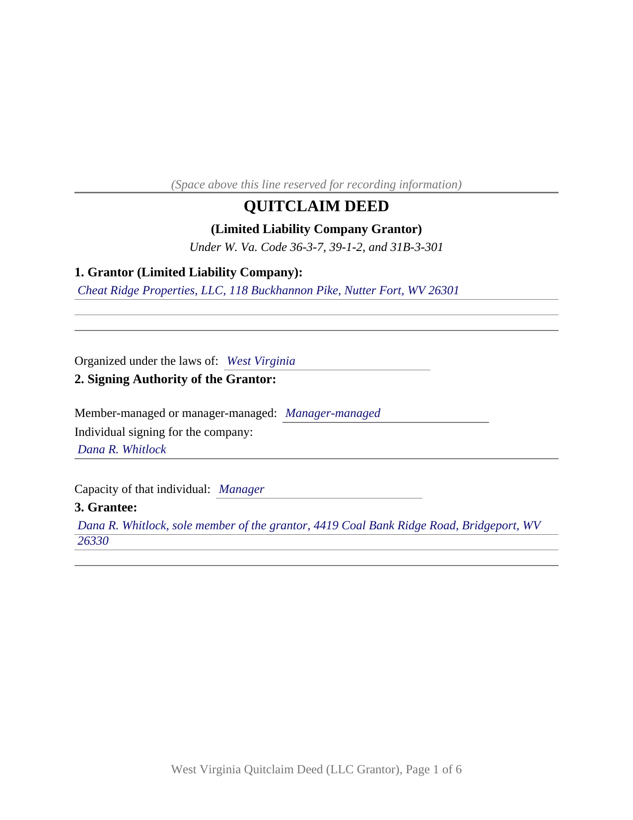 Doddridge County Completed Example of the Quitclaim Deed (LLC Grantor) Document