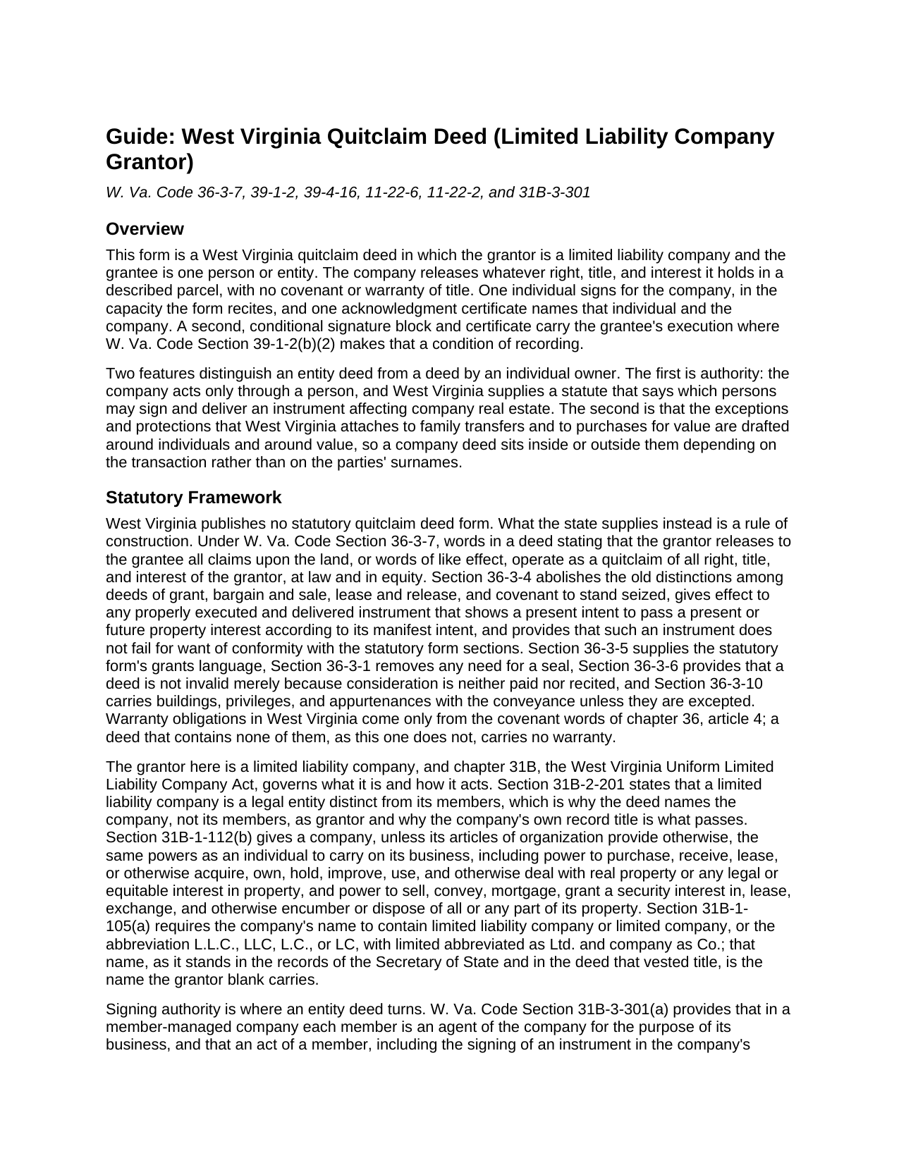 Doddridge County Quitclaim Deed (LLC Grantor) Guide